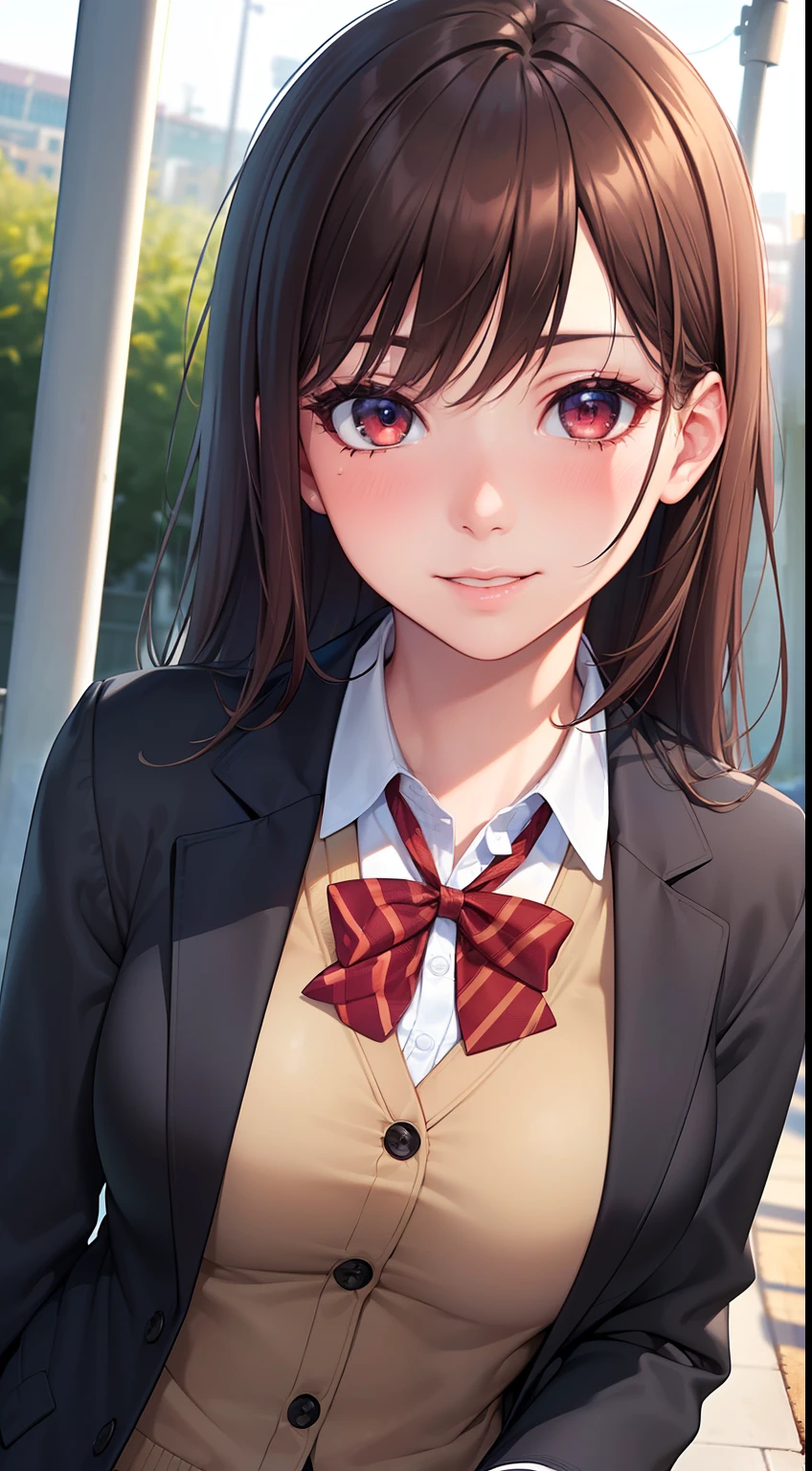 ((masterpiece, best quality, highres, UHD, perfect pixel, depth of field, 4k, RTX, HDR))), 1girl, single, solo, beautiful anime girl, beautiful artstyle, anime character, ((long hair, bangs, brown hair, curly hair:0.8)), ((red eyes:1.4, rounded eyes, beautiful eyelashes, realistic eyes)), ((detailed face, blushing:1.2)), ((smooth texture:0.75, realistic texture:0.65, photorealistic:1.1, anime CG style)), medium breasts, dynamic angle, perfect body, ((portrait, pov)), ((red bowtie, school uniform, black jacket, open jacket, brown cardigan, white shirt, black skirt, plaid skirt)), smile, amusement park,grin,white teeth,finger to mouth