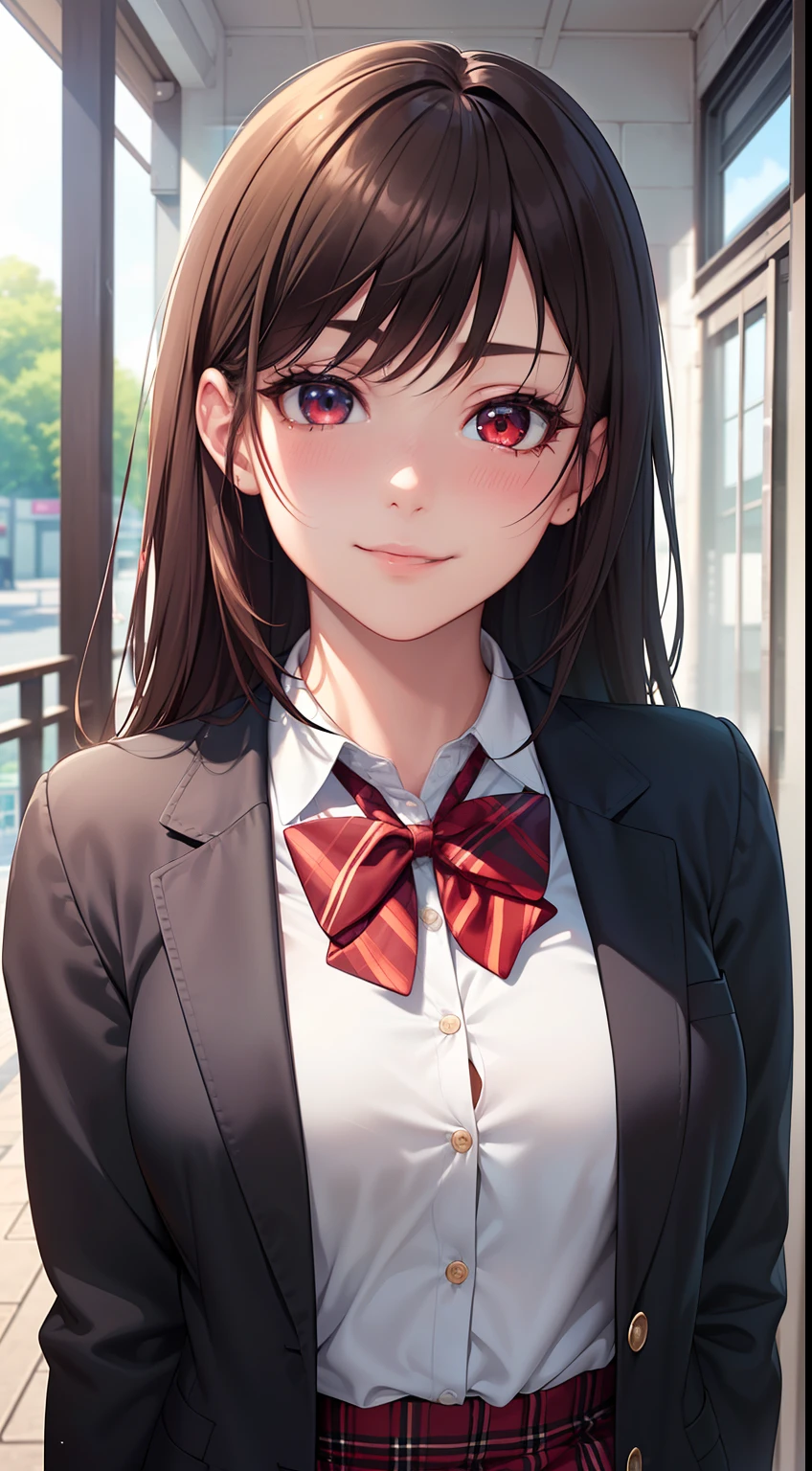 ((masterpiece, best quality, highres, UHD, perfect pixel, depth of field, 4k, RTX, HDR))), 1girl, single, solo, beautiful anime girl, beautiful artstyle, anime character, ((long hair, bangs, brown hair, curly hair:0.8)), ((red eyes:1.4, rounded eyes, beautiful eyelashes, realistic eyes)), ((detailed face, blushing:1.2)), ((smooth texture:0.75, realistic texture:0.65, photorealistic:1.1, anime CG style)), medium breasts, dynamic angle, perfect body, ((portrait, pov)), ((red bowtie, school uniform, black jacket, open jacket, brown cardigan, white shirt, black skirt, plaid skirt)), smile, amusement park,grin,white teeth,finger to mouth