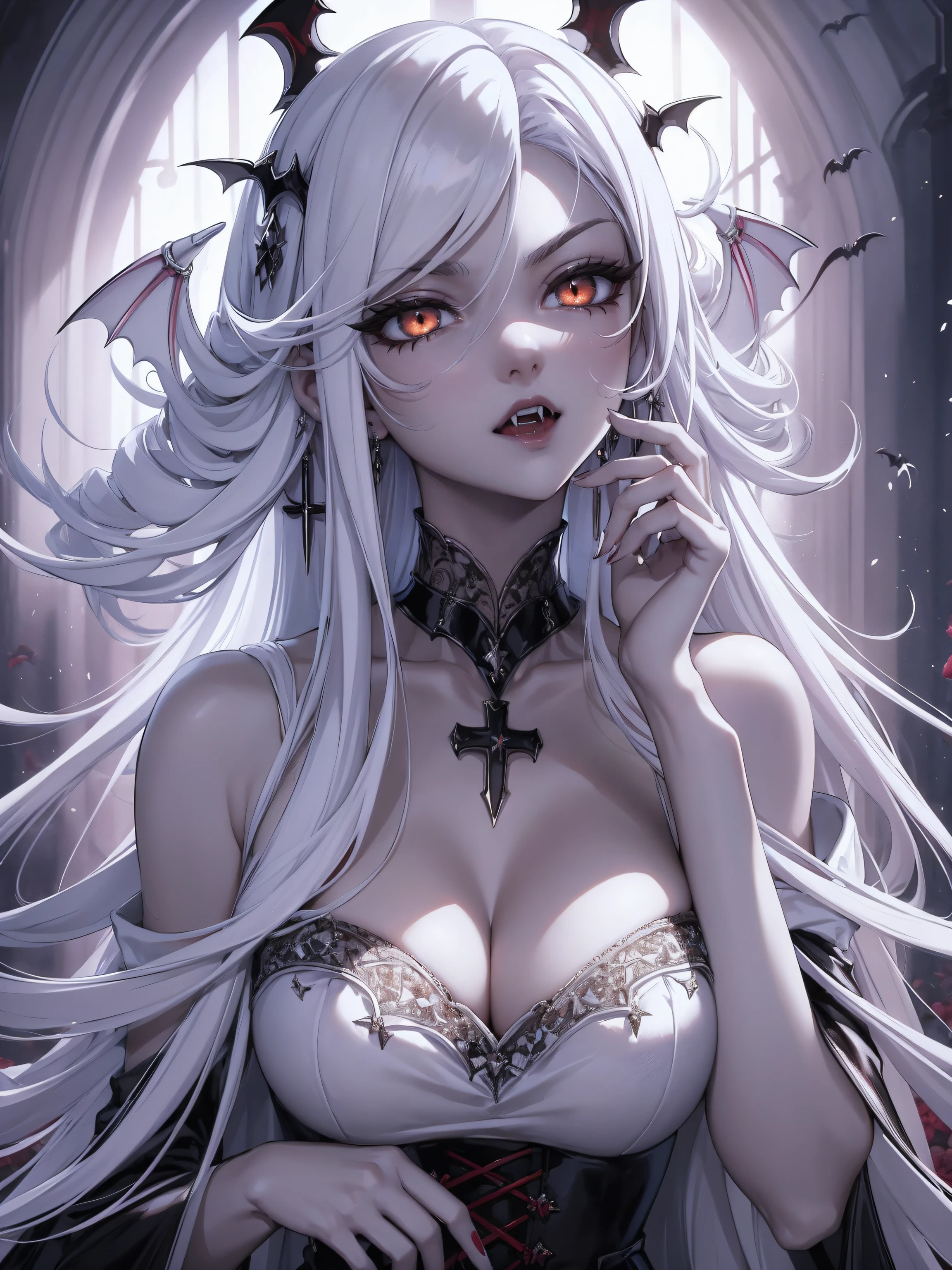 absurdres, ((stunning female Vampire))), goth Renaissance, (long white hair:1.3), perfect and detailed angular sharp oval shaped face, ((pure white eyes)), ((white cross earring)), red and white tetradic colors, full lips, roses background, (solo), perfect anatomy, approaching perfection, ethereal, intricate details, ultra-high definition, 32k resolution, aesthetic, smooth, sharp focus, dreamy, glowing, backlit, glamour, glimmer, fantastical, shadows, smooth, Gothic undertones, illustration, glitter