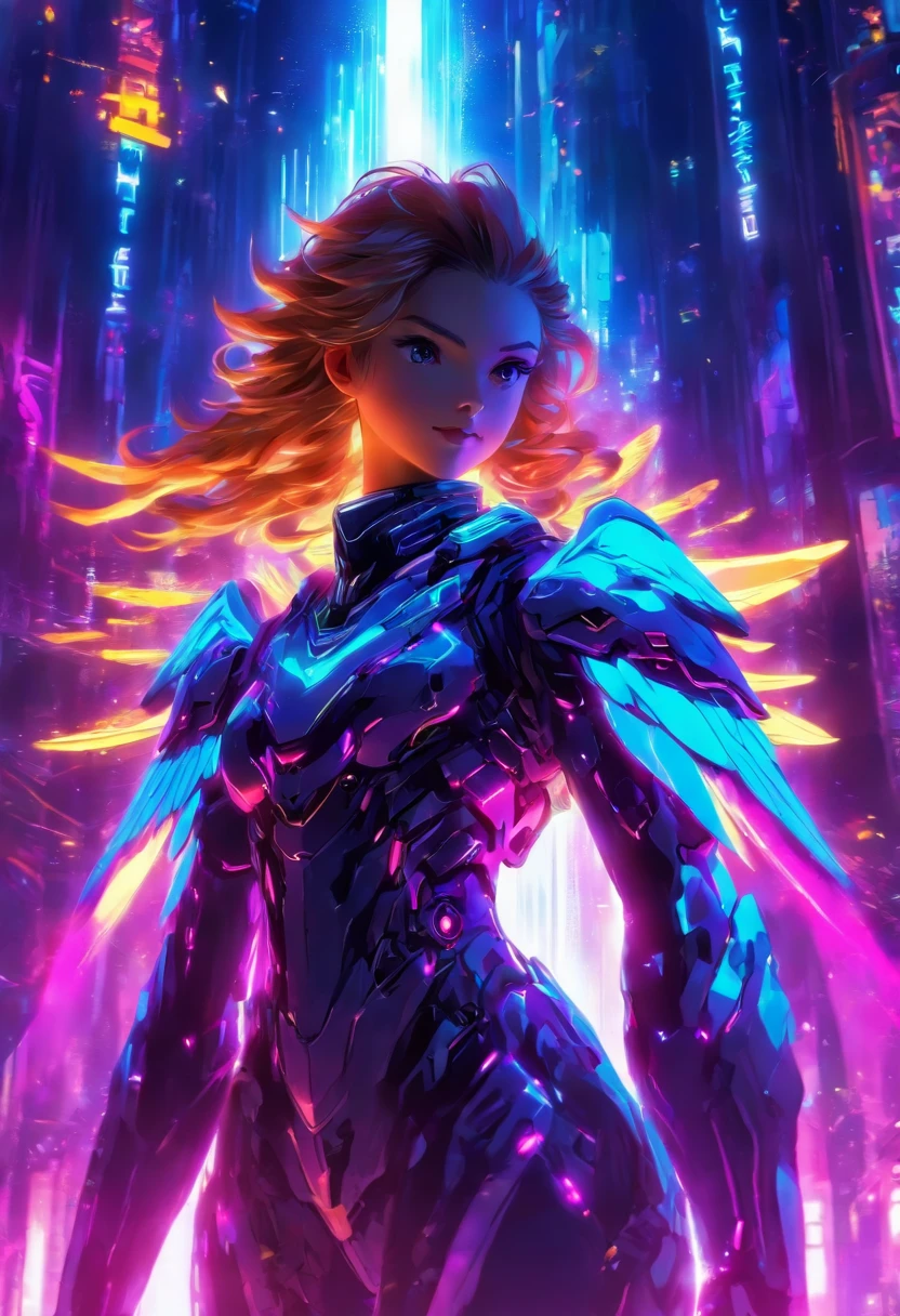 1girl,frente,Tiro de meio corpo parado,((Saint's halo hovers above)),calmo,Little Ethereal Girl,((O estilo de anime hipnotizante distinto de Midjourney)),Light reflective dress made as it can reflect surrounding neon lights,((2 angelic wings attached to the back)), Standing in a city at night,Detailed lighting, Side Angle Portrait,cyberpunk lighting,Modern Anime Trends of 2019, Infundindo Eboy ,Vibes de Tron e Lucifer,Cores da tela AMOLED,altamente elegante, atmospheric scene ,Reminiscent Digital Cyberpunk Art,estilo leonardo,pingando tinta,Mesmerizing angelic presence ,Captivating wallpaper-like composition.,arma,alto detalhamento ,magia das cores