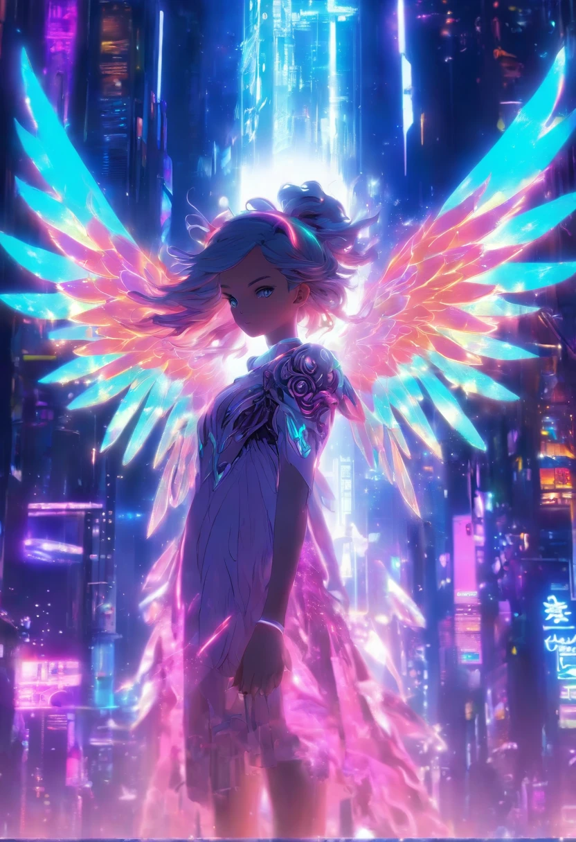 1girl,frente,Tiro de meio corpo parado,((Saint's halo hovers above)),calmo,Little Ethereal Girl,((O estilo de anime hipnotizante distinto de Midjourney)),Light reflective dress made as it can reflect surrounding neon lights,((2 angelic wings attached to the back)), Standing in a city at night,Detailed lighting, Side Angle Portrait,cyberpunk lighting,Modern Anime Trends of 2019, Infundindo Eboy ,Vibes de Tron e Lucifer,Cores da tela AMOLED,altamente elegante, atmospheric scene ,Reminiscent Digital Cyberpunk Art,estilo leonardo,pingando tinta,Mesmerizing angelic presence ,Captivating wallpaper-like composition.,arma,alto detalhamento ,magia das cores