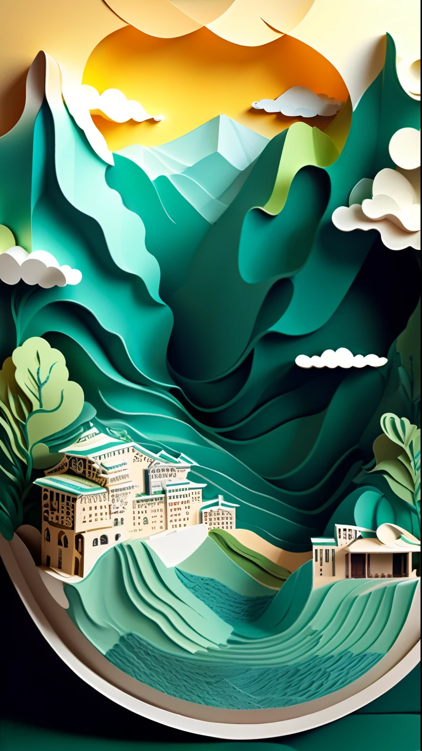 paper art，with blue sky and white clouds，Green Mountains and Green Water，terraced，