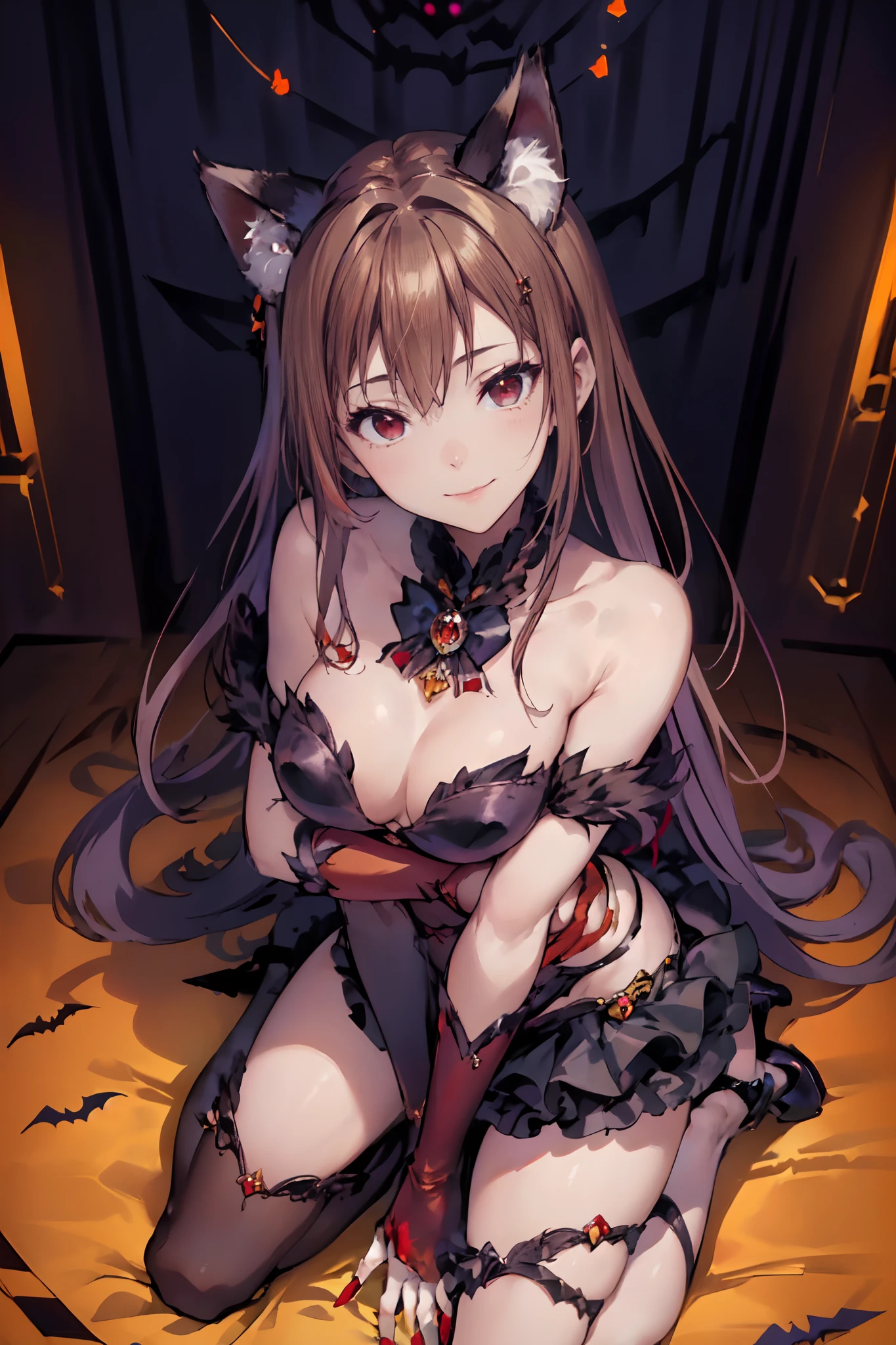 masutepiece, top-quality, top-quality, Beautifully Aesthetic:1.2, 1girl in, halloween night, ((Wearing a fine costume of cat fur, Cat gloves, Shoes in the shape of a cat's paw, Fur mini skirt)), (Silver Pin Heels:1.1), detaileds, ((Red Eyes:1.8)), (Kneeling in a leg pose:1.3), Large breasts, firm breasts, nice shaped breasts, Slender figure,
((Sexy hairstyles, dark brown hair)), Wavy Hair, (Medium Long Hair:1.2),
((In a modern room decorated for midnight Halloween:1.2)), (upperbody shot:1.1), (From above), (Focus on legs:1.1), ((Looking at Viewer:1.2)),