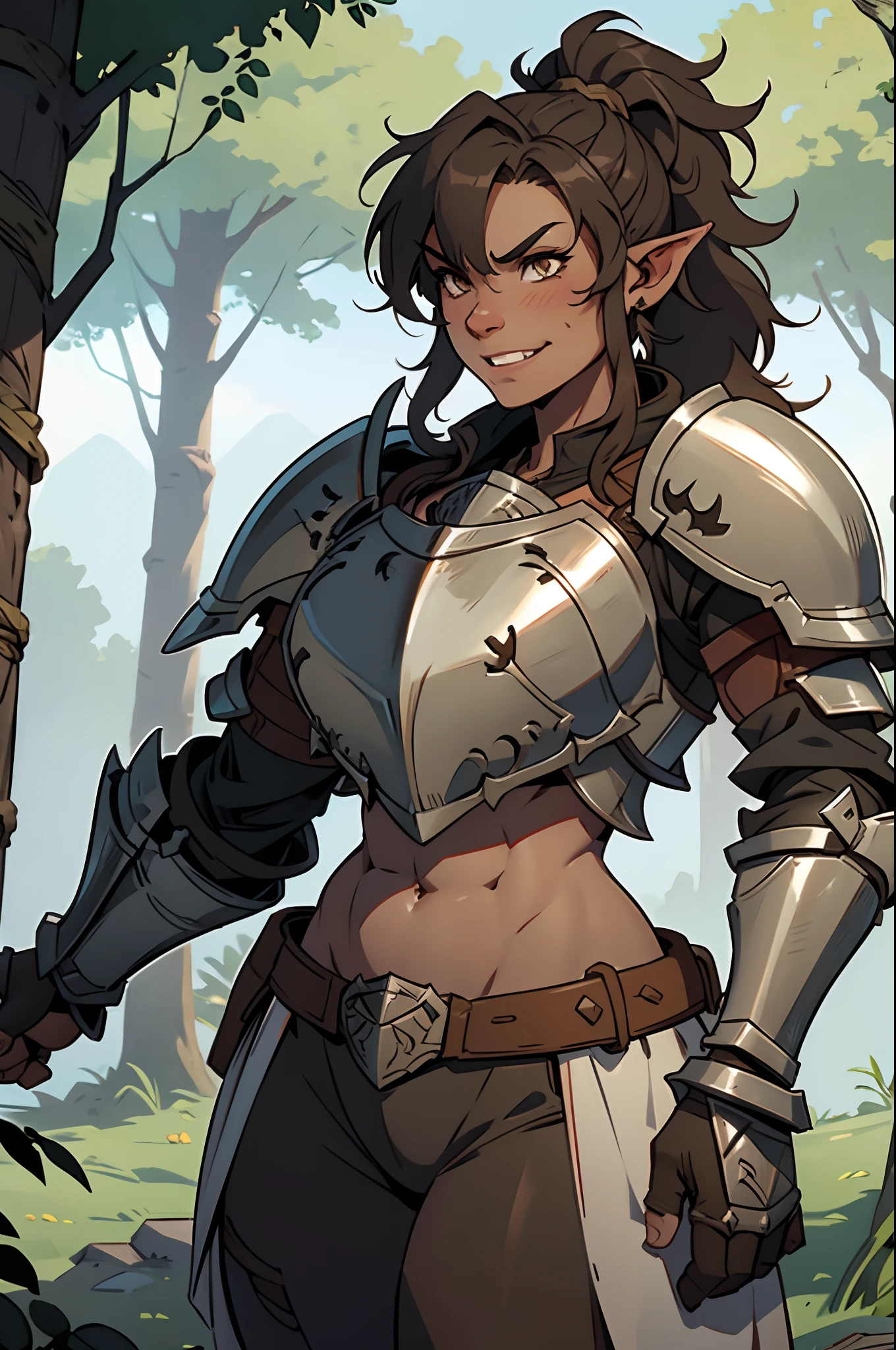 Solo, orc, girl, standing, muscular, (tusks, underbite), forest, teeth, ((armor, chestpiece, knight)), thick lips, smirking, tan skin, ponytail, messy hair, wavy hair, abs