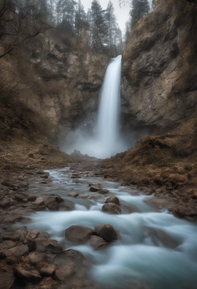 a blonde with voluptuous shapes jumps naked from the top of a waterfall and is photographed from the right side while falling and the waterfall is on the left side and her whole body is wet