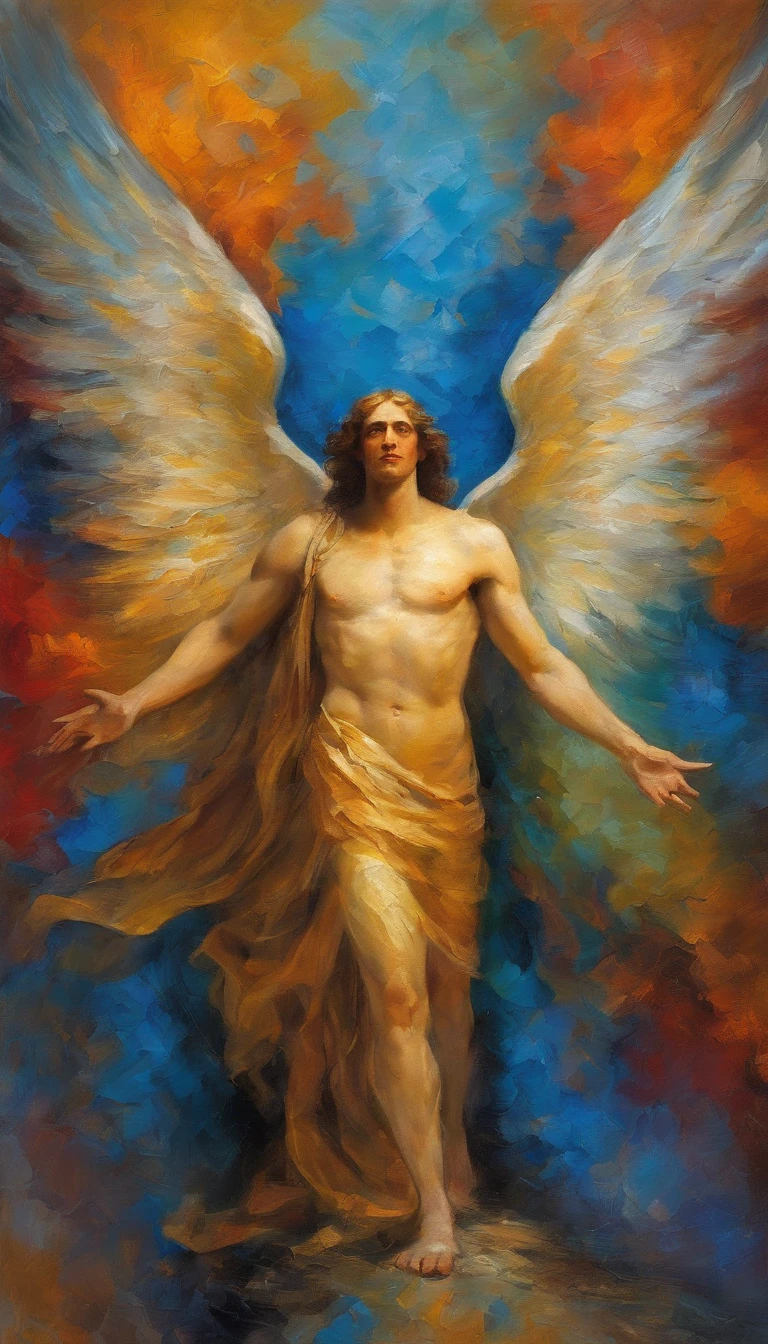 painting of the archangel Mizael among strong men, William Blake style painting