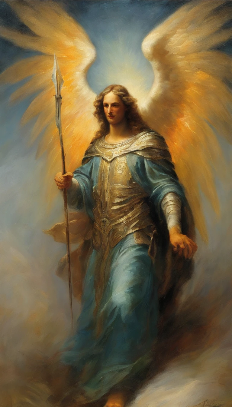 painting of the archangel Mizael among strong men, William Blake style painting