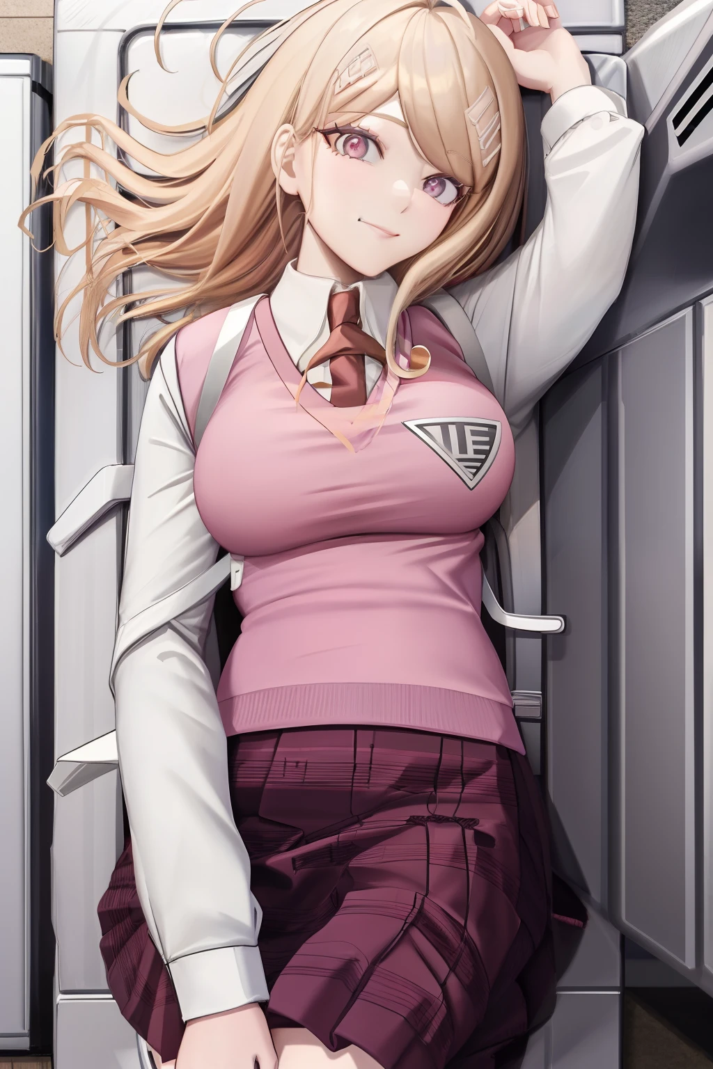 Masterpiece, Best Quality, KaedeDG, 1girl, necktie, sweater vest, breasts, looking at viewer, shirt, long sleeves, solo, backpack, beamed eighth notes, white shirt, collared shirt, medium breasts, school uniform, smile, solo, close-up, lying down