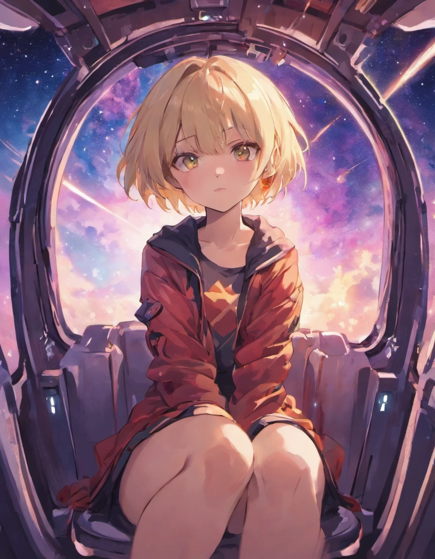 Blonde young sexy woman with short hair and hot clothes sitting on spaceship seat、You can see beautiful stars in the window