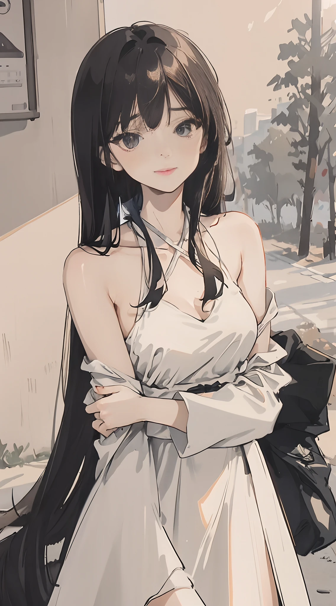 masterpiece, super realistic photo, ultra hires, ultra detailed, xxmixgirl,1 female, detailed face, modern cafe, shadow dramatic lighting by Bill Sienkiewicz ( SimplepositiveXLv1:0.7), xxmix_girl,aesthetic portrait, glay wrap cross halter neck dress, knit dress, rib dress,