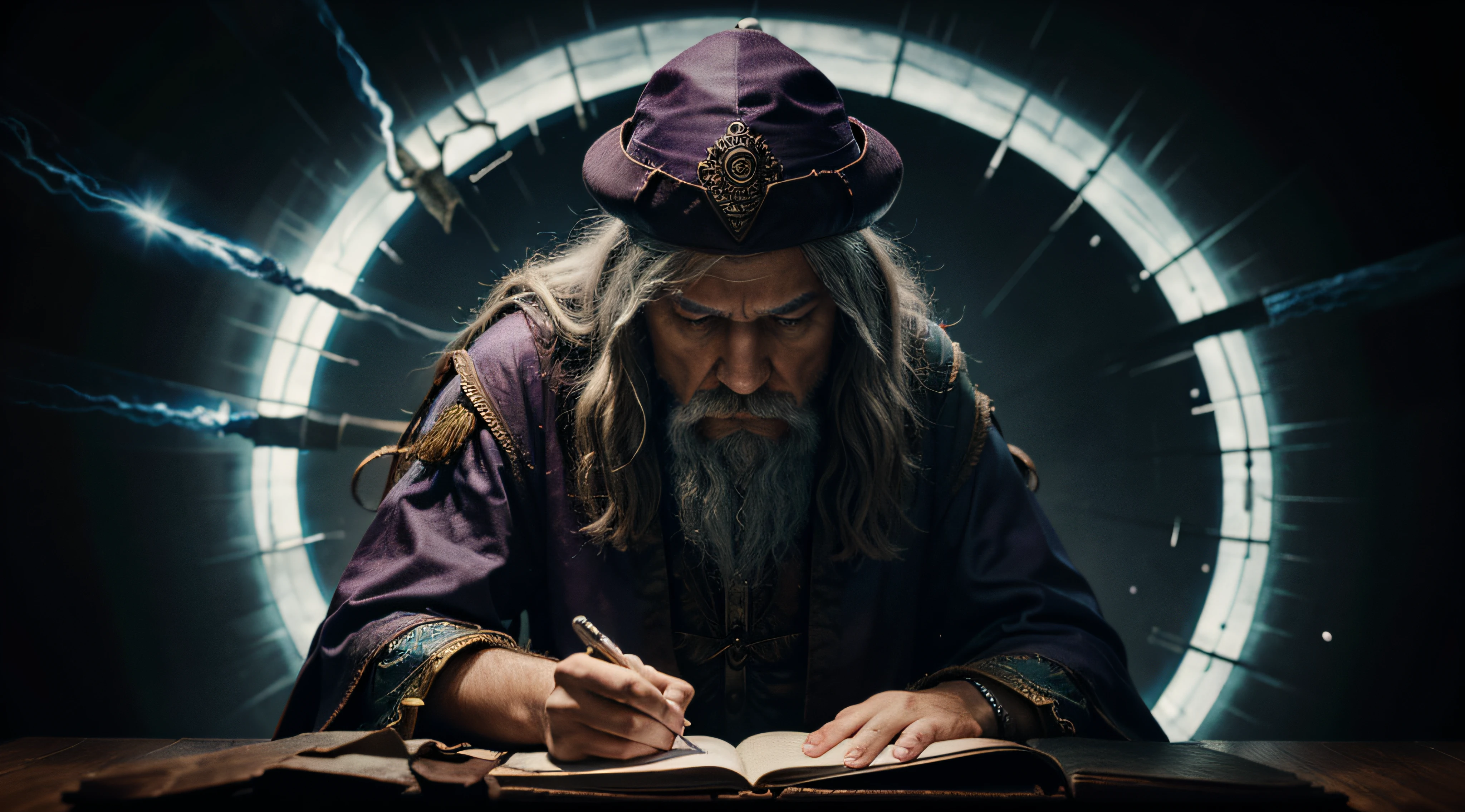 banner with wizard who is taking a iq test, realistic, 8k image, thunderbolt, masterpiece, high quality, high detail