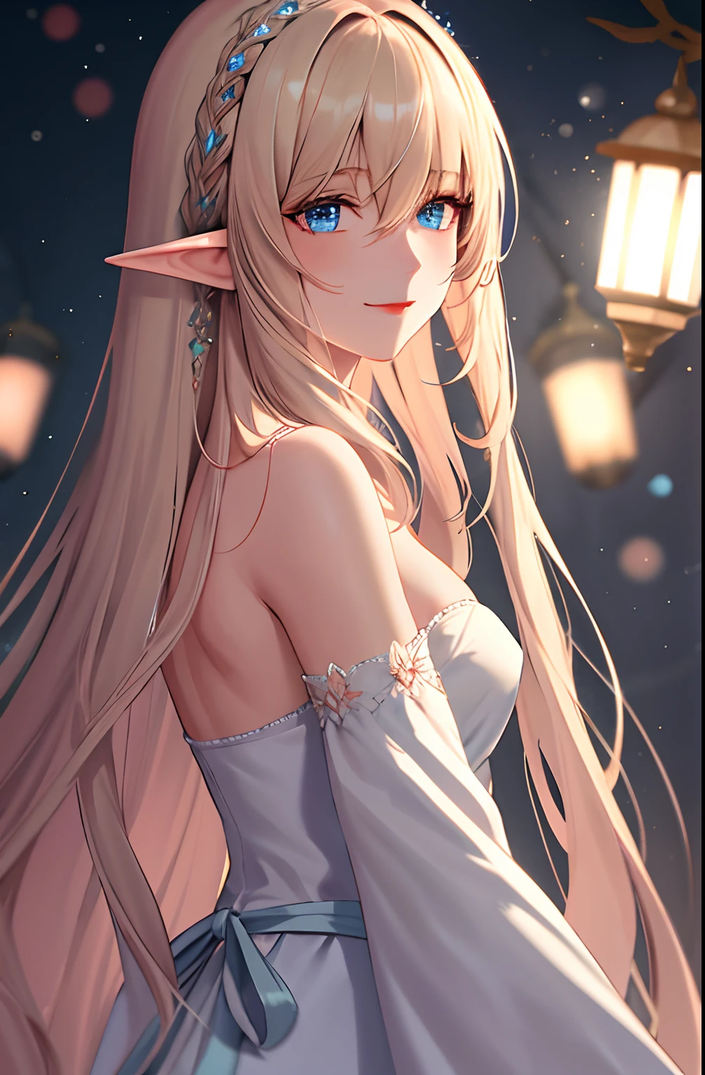 (extremely delicate and beautiful:1.2),highres, masterpiece, 1girl, bangs, blue eyes, blurry, blurry background, long blond hair, elf ears, closed mouth, from side, hair between eyes, hair beads, lantern, light particles, long sleeves, looking at viewer, medium hair, night, solo, cross \(symbol\), upper body,smile,red lips