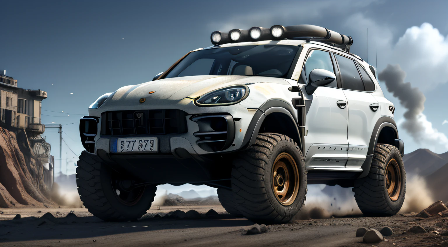 Diesel punk AI road race with a Diesel punk AI modified 2023 (Porsche Cayenne)