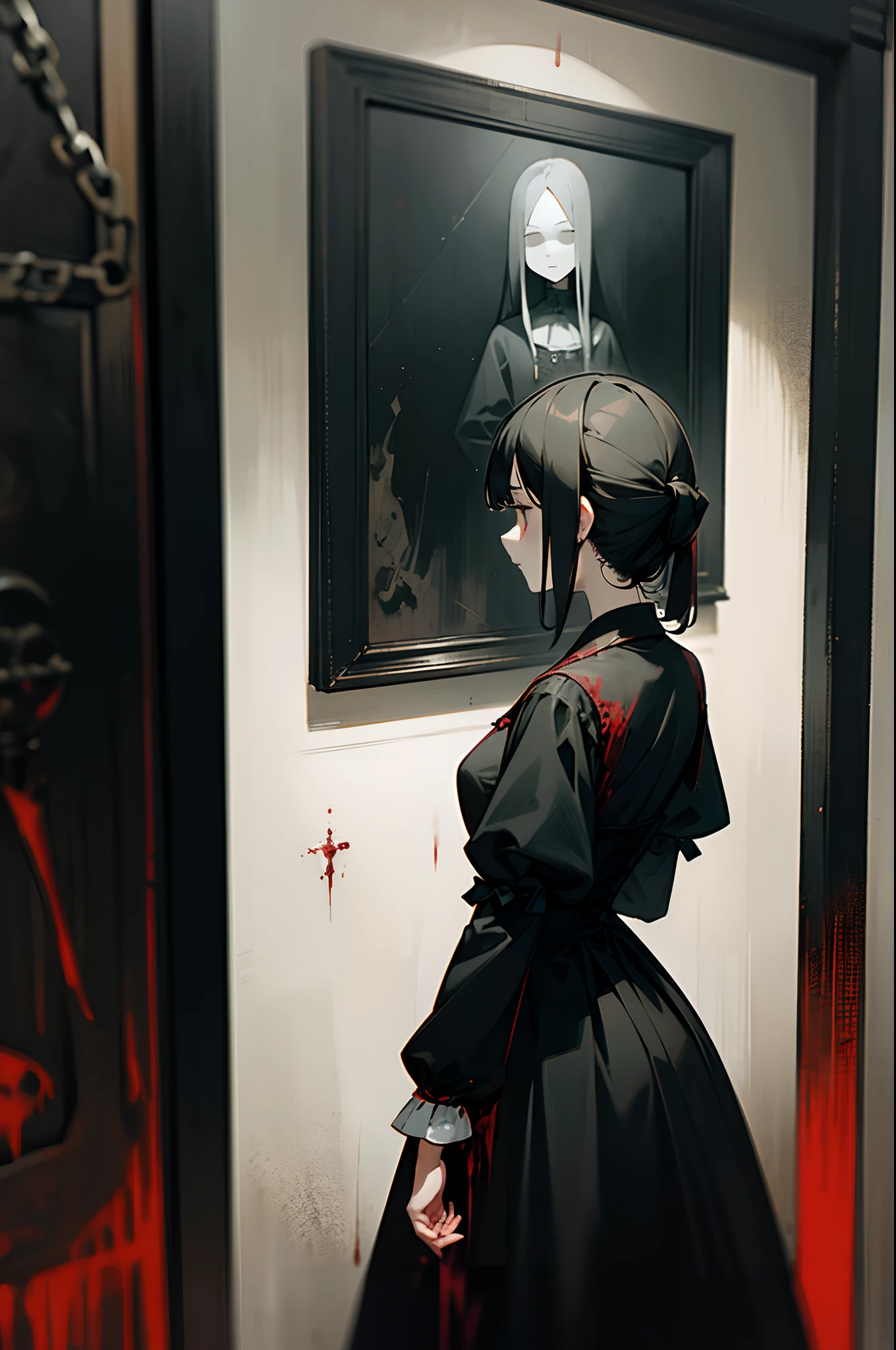 Silent Hill 4、Rear view of woman in Victorian black dress、Blood letters on the wall、Chained doors、creepy atmosphera、Spiritual silence、Paintings by Hammershøy、Film Noir、Meaningful symbolism