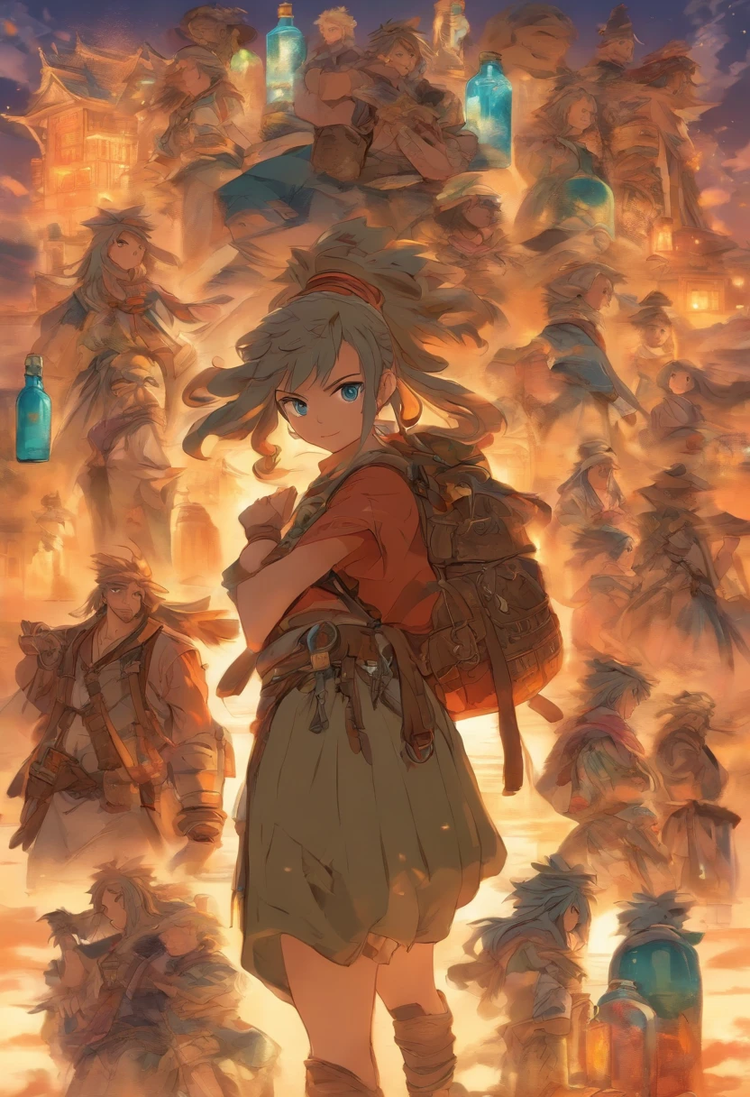 create a character who would be a young traveler with an old backpack and a bottle strapped to her belt, a peasant with a warrior style model sheets