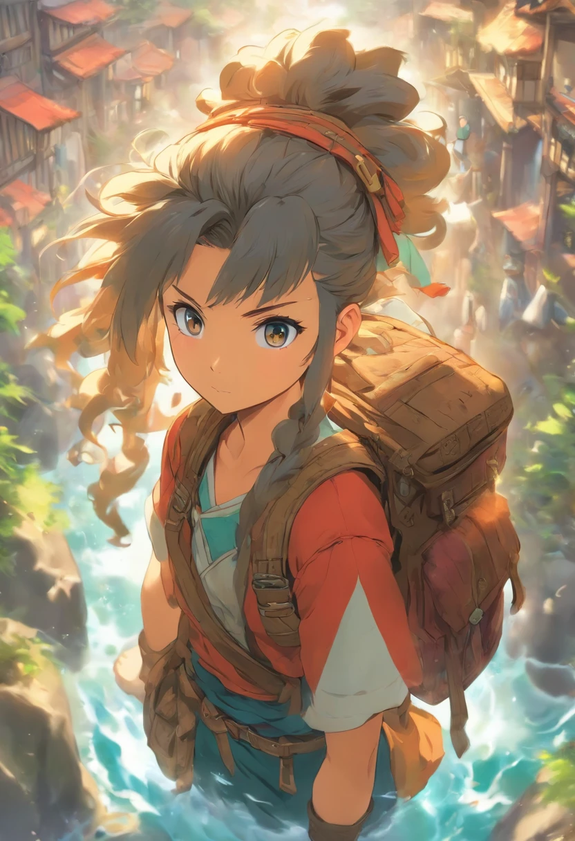 create a character who would be a young traveler with an old backpack and a bottle strapped to her belt, a peasant with a warrior style model sheets
