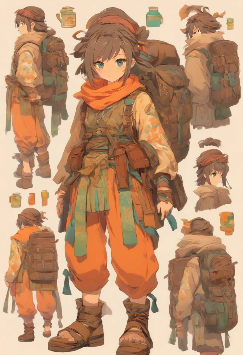 create a character who would be a young traveler with an old backpack and a bottle strapped to her belt, a peasant with a warrior style model sheets