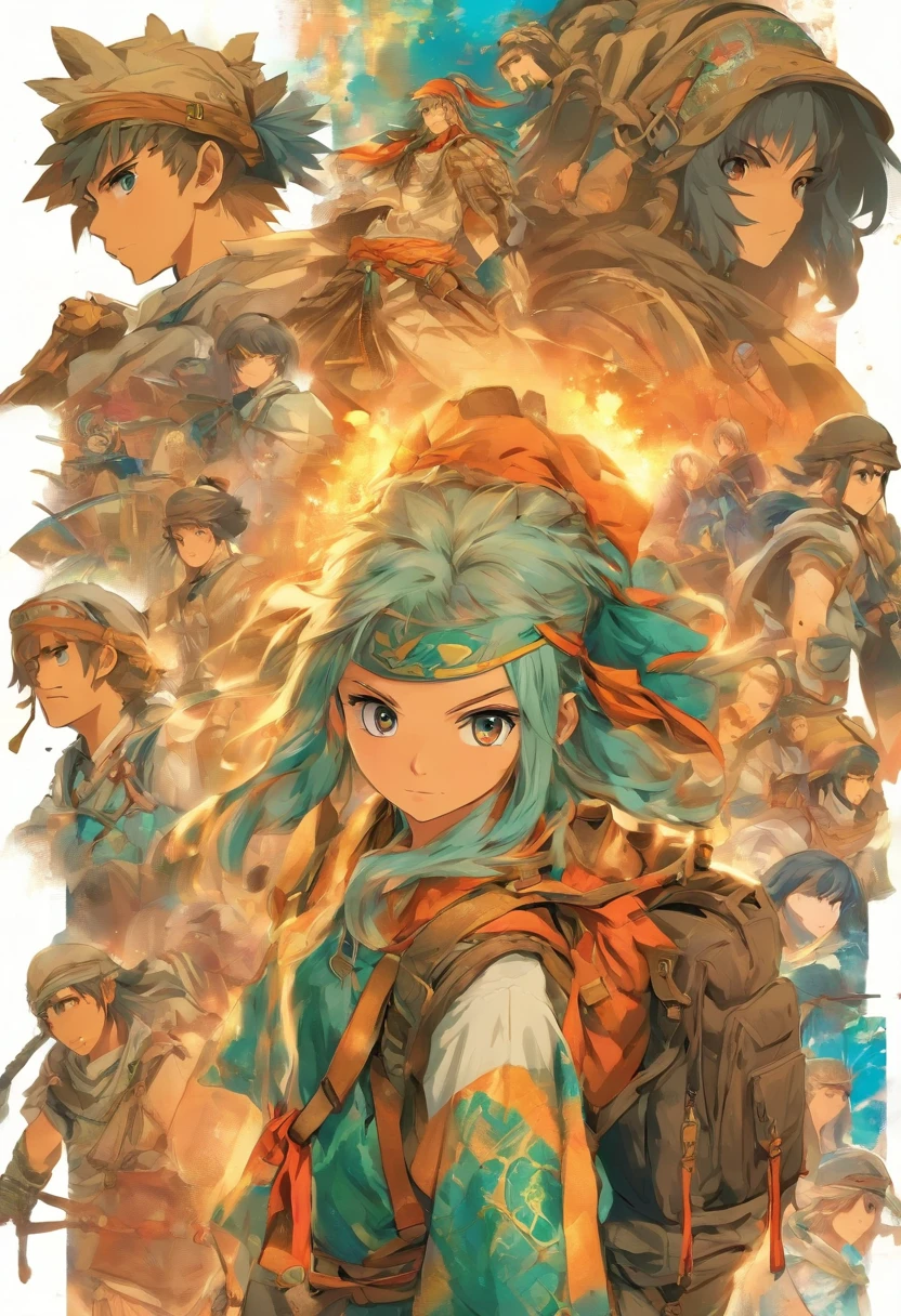 create a character who would be a young traveler with an old backpack and a bottle strapped to her belt, a peasant with a warrior style model sheets
