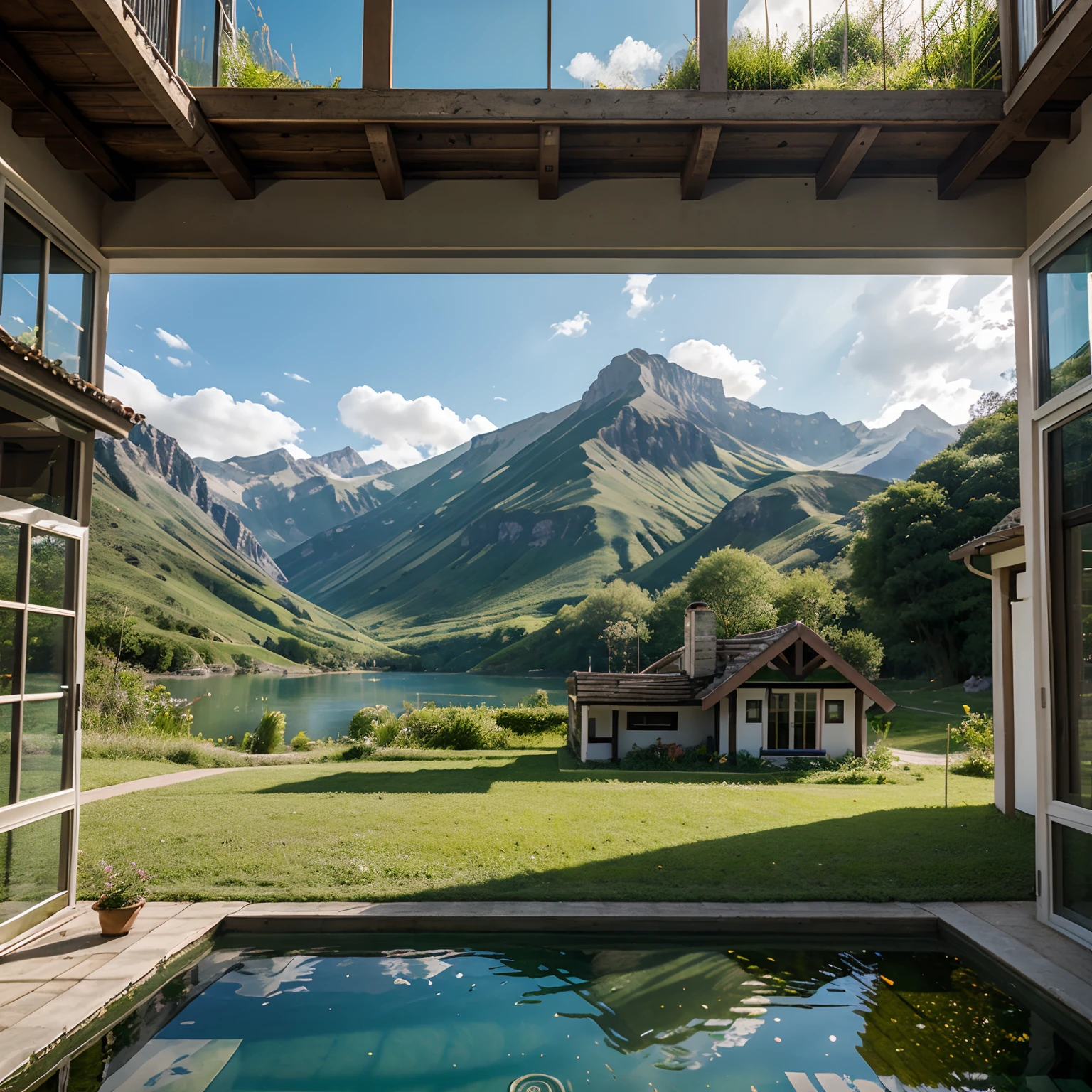 Pixel art House in a green land, A small lake that extents on the left beyond the picture, with a high mountain in the background, a colourfull porche, Open concept windows, With a tiny food plantation on the right.