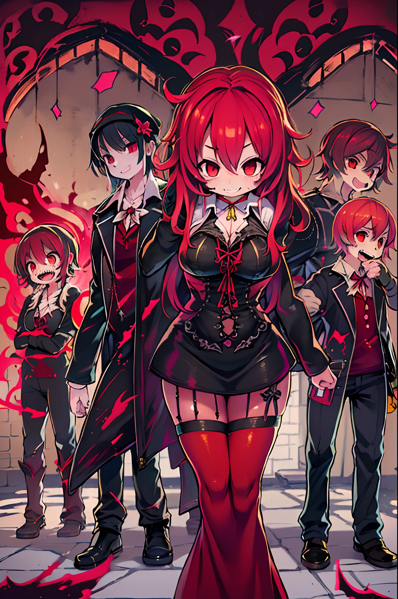 purgatory、One woman、Lock、Lockで捕まる、Constraints、first round、inflammation、inflammationに包まれる、Red Hair、Twin tails、Red Eyes、Glowing Eyes、Laugh fearlessly、tooth、Blood splatter、Black clothes、Cleavage、LockてConstraints、鉄のLock