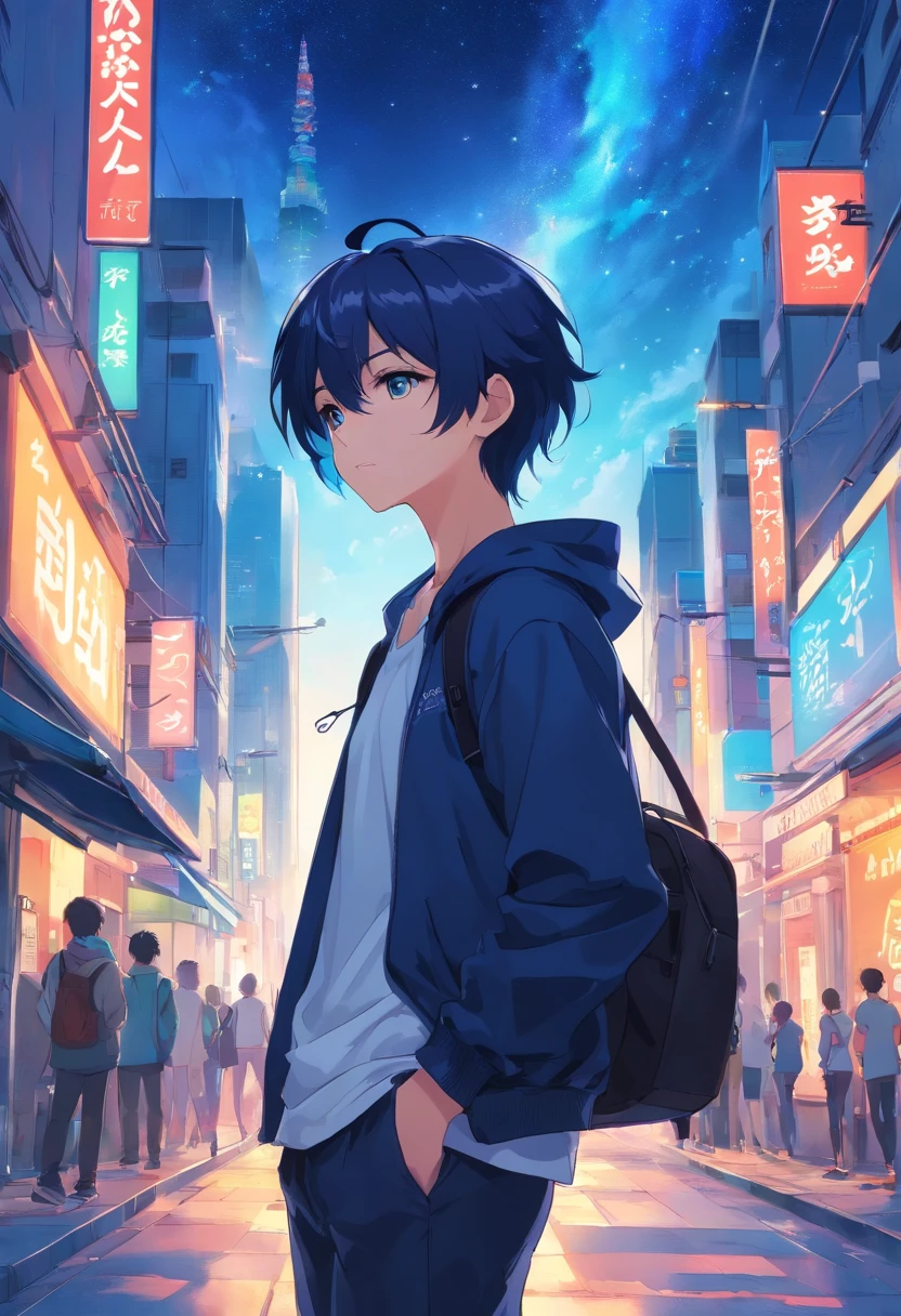 masterpiece、twinks、22year old、dark blue hair、Black jacket、Black pants、white t-shirts、Give bangs、Sticking out your forehead、twinks、Eyes drawn in detail、a handsome、Inside the city、starrysky、Mystical light、Dramatic light、Cinematic power、full bodyesbian