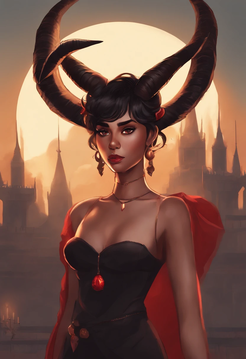 1 woman, adult, 24 years old, demon, medium black horns, brown skin, curly hair, short hair, black hair, red eyes, tall woman, medium chest, medium ass, cartoon style, 2d cartoon, perfect features