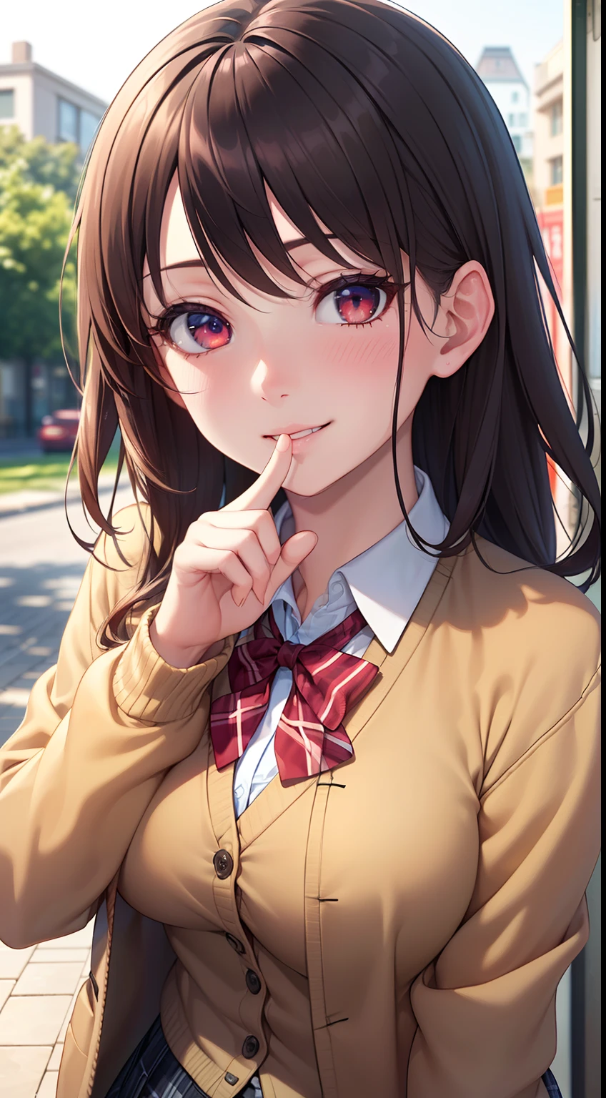 ((masterpiece, best quality, highres, UHD, perfect pixel, depth of field, 4k, RTX, HDR))), 1girl, single, solo, beautiful anime girl, beautiful artstyle, anime character, ((long hair, bangs, brown hair, curly hair:0.8)), ((red eyes:1.4, rounded eyes, beautiful eyelashes, realistic eyes)), ((detailed face, blushing:1.2)), ((smooth texture:0.75, realistic texture:0.65, photorealistic:1.1, anime CG style)), medium breasts, dynamic angle, perfect body, ((portrait, pov)), ((red bowtie, school uniform, black jacket, open jacket, brown cardigan, white shirt, black skirt, plaid skirt)), smile, amusement park,grin,white teeth,finger to mouth