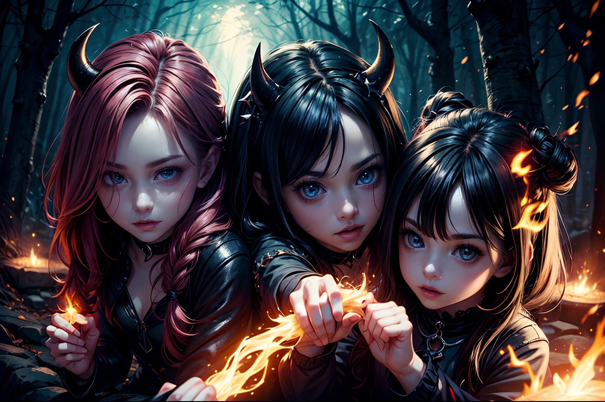 (best quality,4k,8k,highres,masterpiece:1.2),ultra-detailed,(realistic,photorealistic,photo-realistic:1.37),devil boy and girl holding hands,beautiful detailed eyes,beautiful detailed lips,demonic atmosphere,playful and mischievous expressions,dark and mysterious background,nighttime setting,gloomy lighting,sharp focus,dynamic poses,whimsical and colorful illustrations,creative shading techniques,fantasy art style,vivid colors,contrast between light and shadow,supernatural powers,enchanted forest,outfits in dark tones,cute and mischievous facial features,cartoonish yet detailed renderings,flaming red hair for the boy,long flowing hair for the girl,detailed and intricate accessories on their outfits,magical sparks and glowing effects around their hands,subtle hints of mischief in their expressions,joyful and mischievous atmosphere,amazing attention to detail,little devil horns on their heads,curved tails wrapped around their hands,demonic wings,evil grins,glowing yellow eyes,dark and mysterious aura,whimsical and dreamlike atmosphere,fantastical elements,enchanted forest as the backdrop,playful interaction between the boy and girl,expressive emotions,imagination at its best,captivating and dynamic artwork,a celebration of the supernatural,unleashing their magical powers,creating a sense of wonder and adventure with every stroke,artistic interpretation of an otherworldly bond between a devil boy and girl