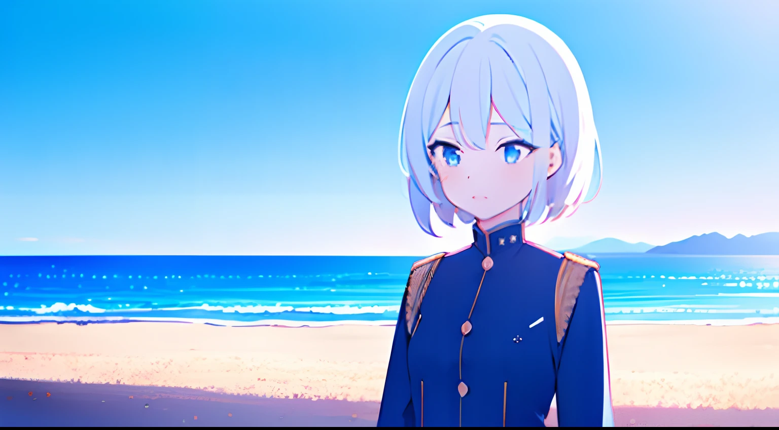 1girl in, Solo, 1girl in, Solo, Pink Theme, White hair, Blue eyes, Outdoors, uniform, Upper body, Blue sky, Scenery, Horizon, uniform,