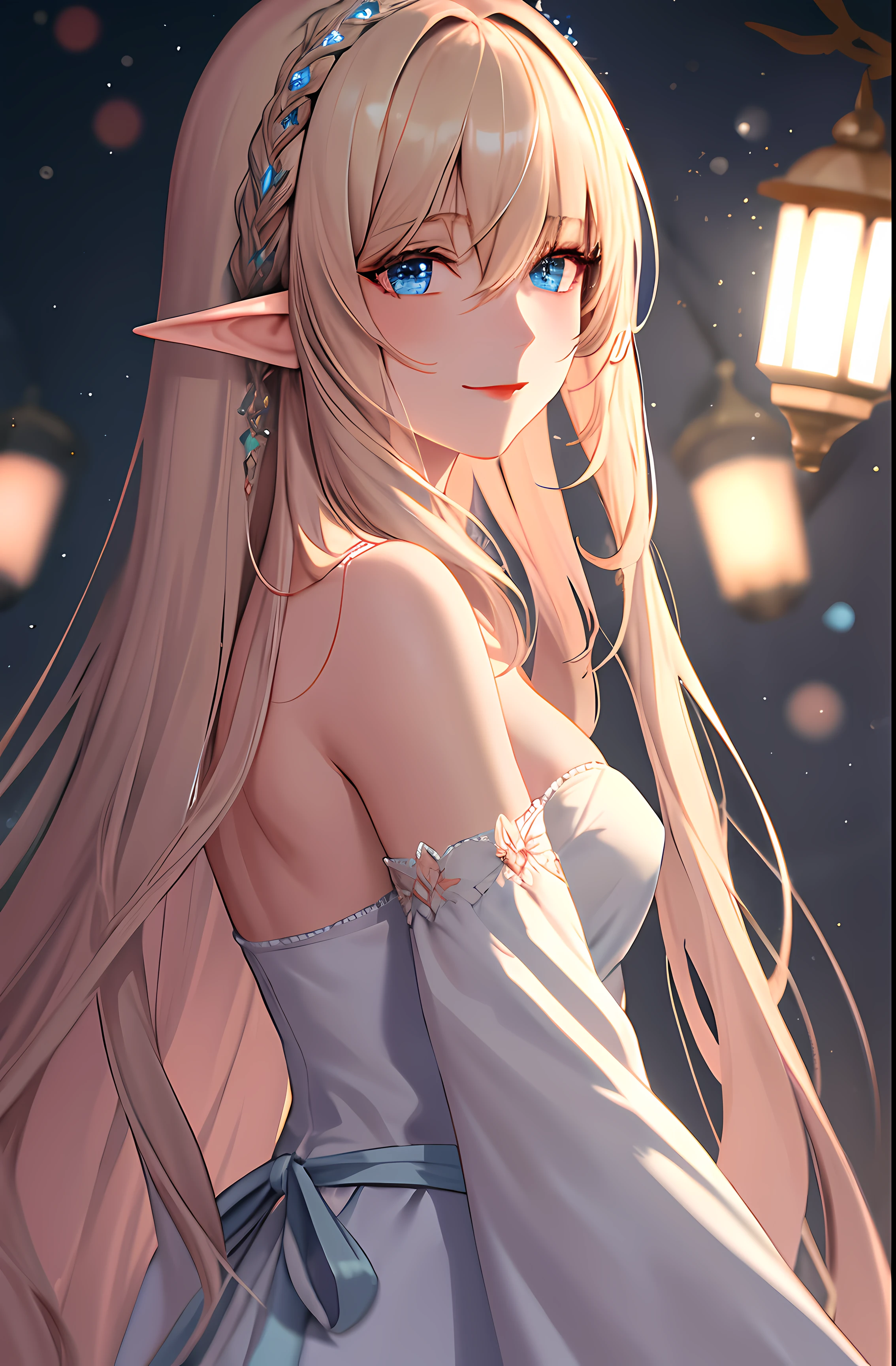 (extremely delicate and beautiful:1.2),highres, masterpiece, 1girl, bangs, blue eyes, blurry, blurry background, long blond hair, elf ears, closed mouth, from side, hair between eyes, hair beads, lantern, light particles, long sleeves, looking at viewer, medium hair, night, solo, cross \(symbol\), upper body,smile,red lips