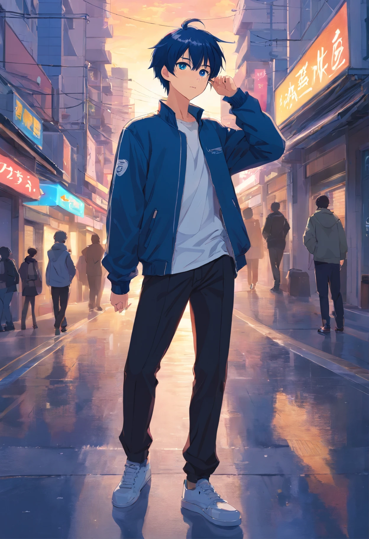 masterpiece、twinks、22year old、dark blue hair、Black jacket、Black pants、white t-shirts、Give bangs、Sticking out your forehead、twinks、Eyes drawn in detail、a handsome、Inside the city、starrysky、Mystical light、Dramatic light、Cinematic power、full bodyesbian