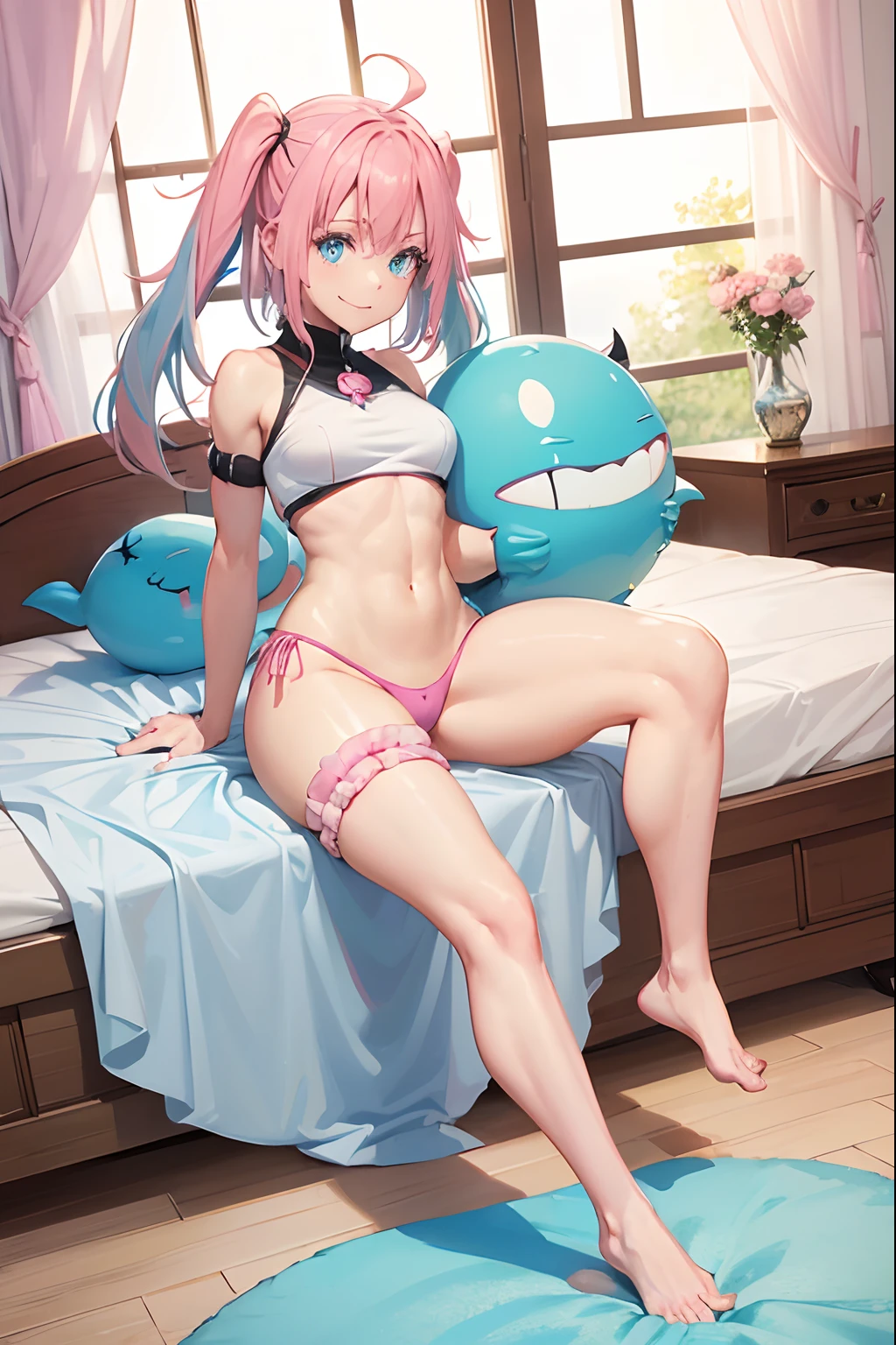 1Female、When reincarnated, I was a slime character（naked girl child）、master piece、top quality、accurate、animesque、Demon King child、Aimei、Beautiful and detailed blue eyes、(((pink hair)))、Two-tailed、Tails proud doubles, (((wearing only very short panties))) 、medium breasts、True to the original、((barefoot)), muscular belly, ((beautiful muscular legs)), (((thick legs))), ( smile), in the bedroom, full body photo