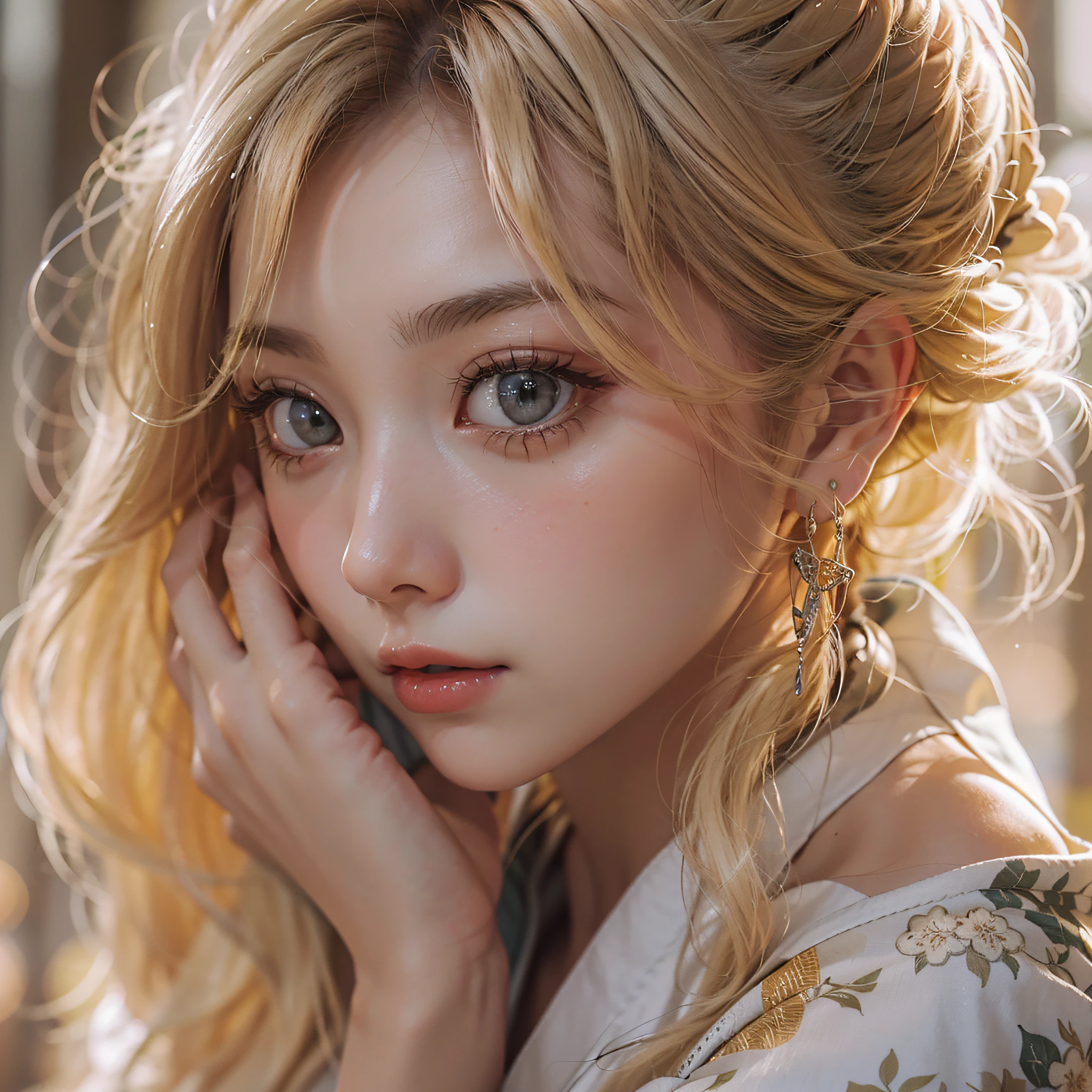 masutepiece, Raw photo，Photorealism，High resolution，Best Quality，High Definition, Perfect composition, Perfect face, Perfect body, 32K，Cinematic lighting，Russian woman，a blond，hime-cut，femele１a person，Full body photo，Kimono，鎖骨，Off-shoulder，Raw feet，