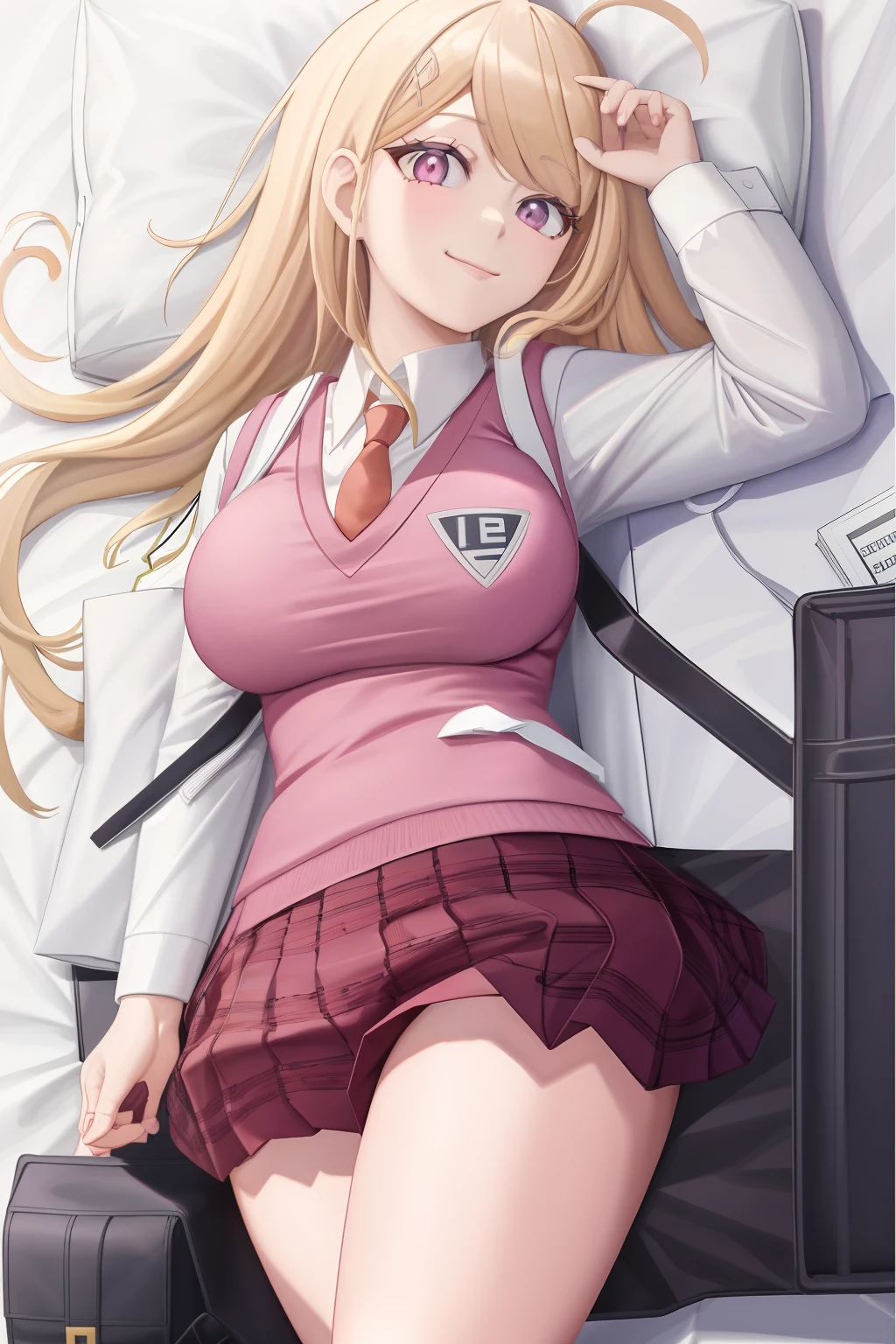 Masterpiece, Best Quality, KaedeDG, 1girl, necktie, sweater vest, breasts, looking at viewer, shirt, long sleeves, solo, backpack, beamed eighth notes, white shirt, collared shirt, medium breasts, school uniform, smile, solo, close-up, lying down