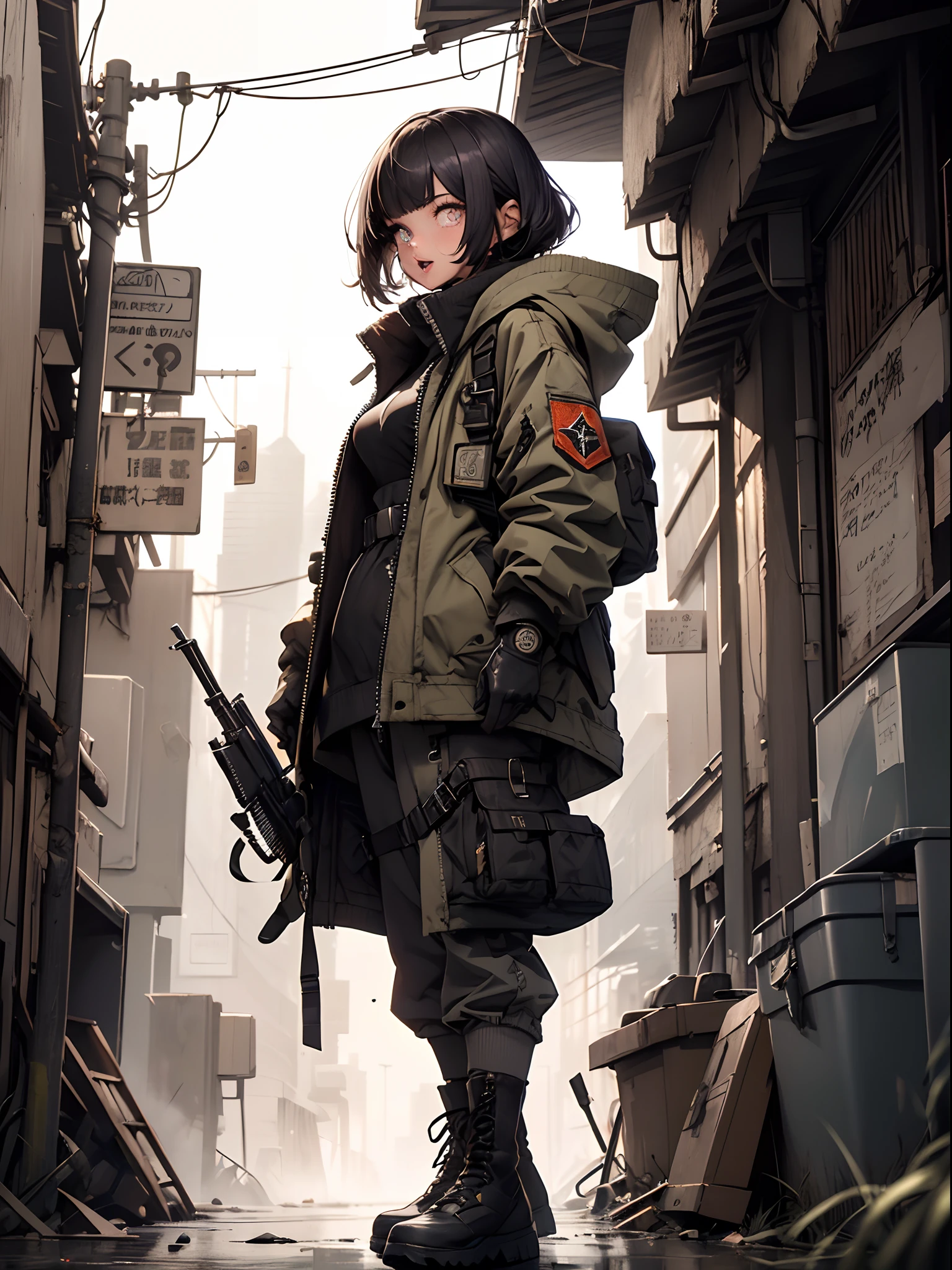 1girl、Fluttering hair、(skin tanned、A detailed face、Detailed facial contours、sharp outline、A detailed eye、Bright pupils、Gradient Eyes:1、finely detailed beautiful eye:1、Symmetrical eyes:1、big highlight on eyes:1.2)、Detailed hair strands、Purple eyes)、abdominals、breasts are medium in size、25-years old、open open mouth、White teeth are visible、Glossy lips、Three-dimensional nose、Three-dimensional lips、二重まぶた、(asymmetrical bangs、Long gray hair、short-cut、disheveled hair)、(Army Pants、Military、coat jacket、parka、hand gloves、Army Boots、Tactical Holster、automatic rifle、(Fine fingers、detailed arms、detailed human hands)、(in 8K、top-quality、masterpiece、 Post-apocalyptic cyberpunk city、(High dynamic range),