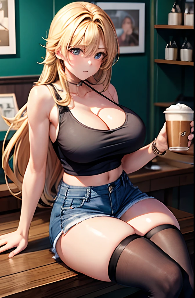 1 girl with perfect figure, super fine face and eyes, long hair, tank top, short jean skirt, in a café, coffee on the table, big breasts, exposed cleavage, stockings