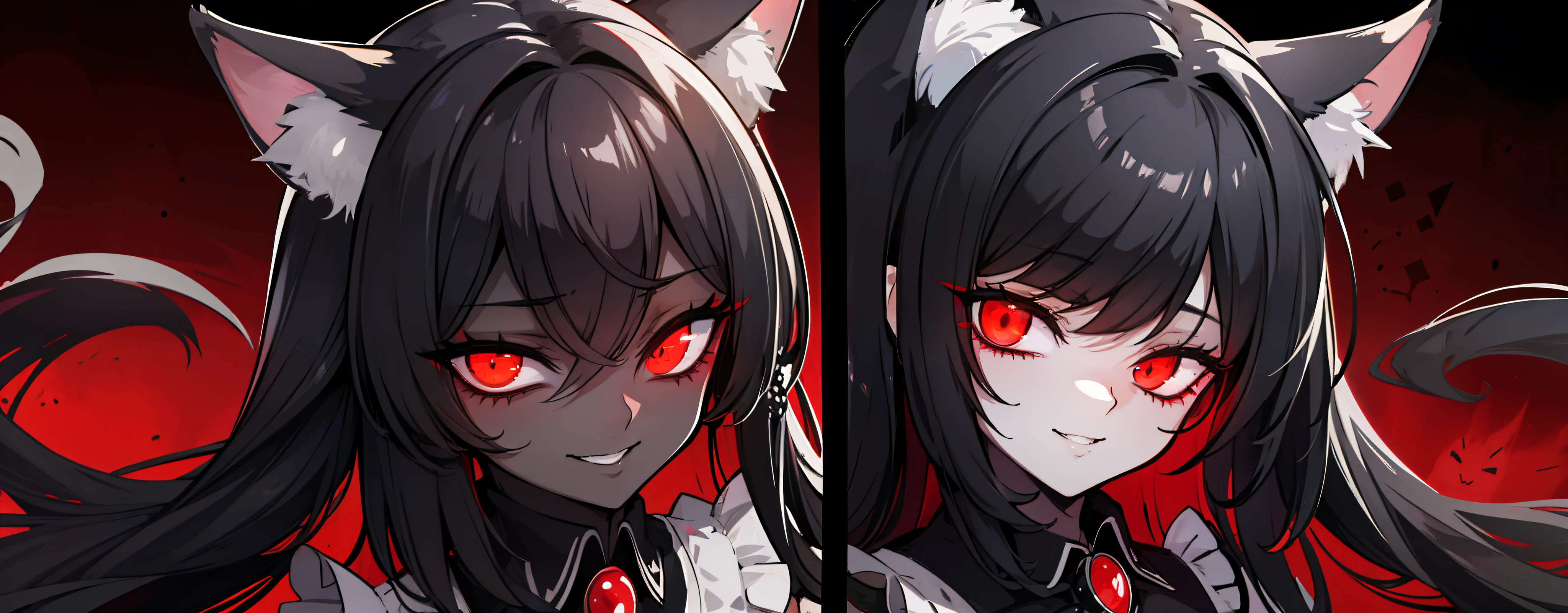 black-skinned,One eye is covered by bangs,Cat ears,Luxurious maid outfit,Devilish charm,Sinister smile,Terrifying atmosphere,Black whites of the eyes,Magic Array,Black and red background