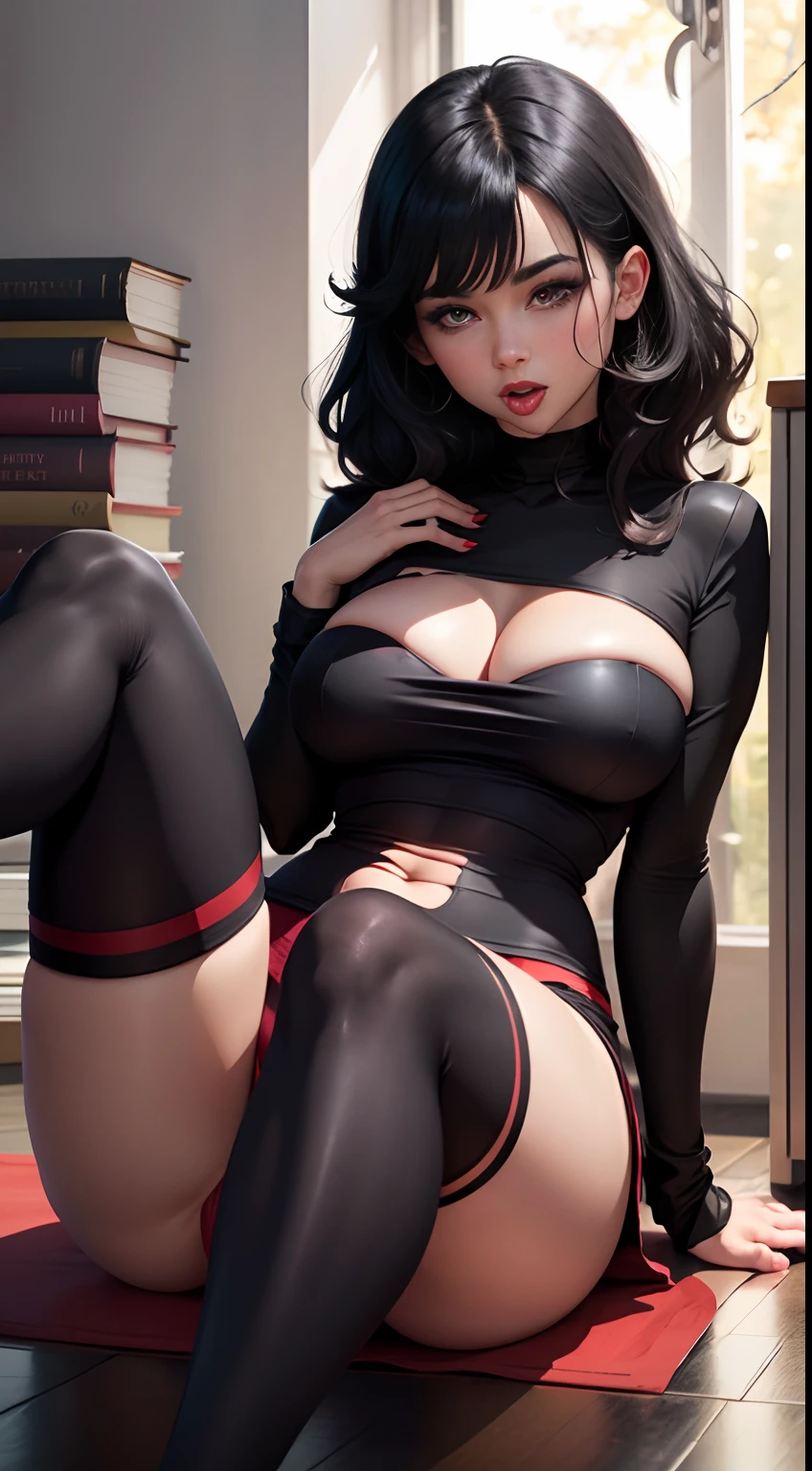 Black hair, Big breasts, Girl, Red pupils, tongue, Small tights, Black silk,legs are open,the librarian