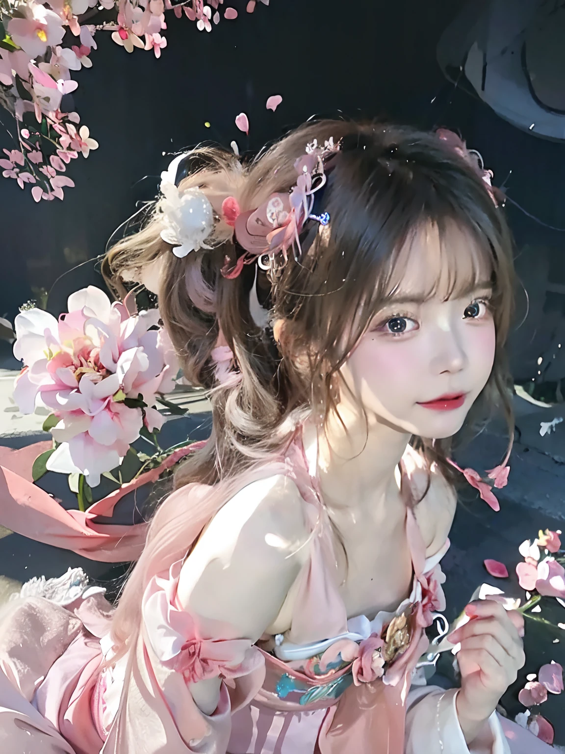 Anime girl with flowers in her hair and pink dress, Guviz, Palace ， A girl in Hanfu, Beautiful character painting, Guviz-style artwork, a beautiful anime portrait, A beautiful artwork illustration, Beautiful anime girl, Ethereal beauty, Beautiful anime woman, Beautiful anime style, in the art style of bowater