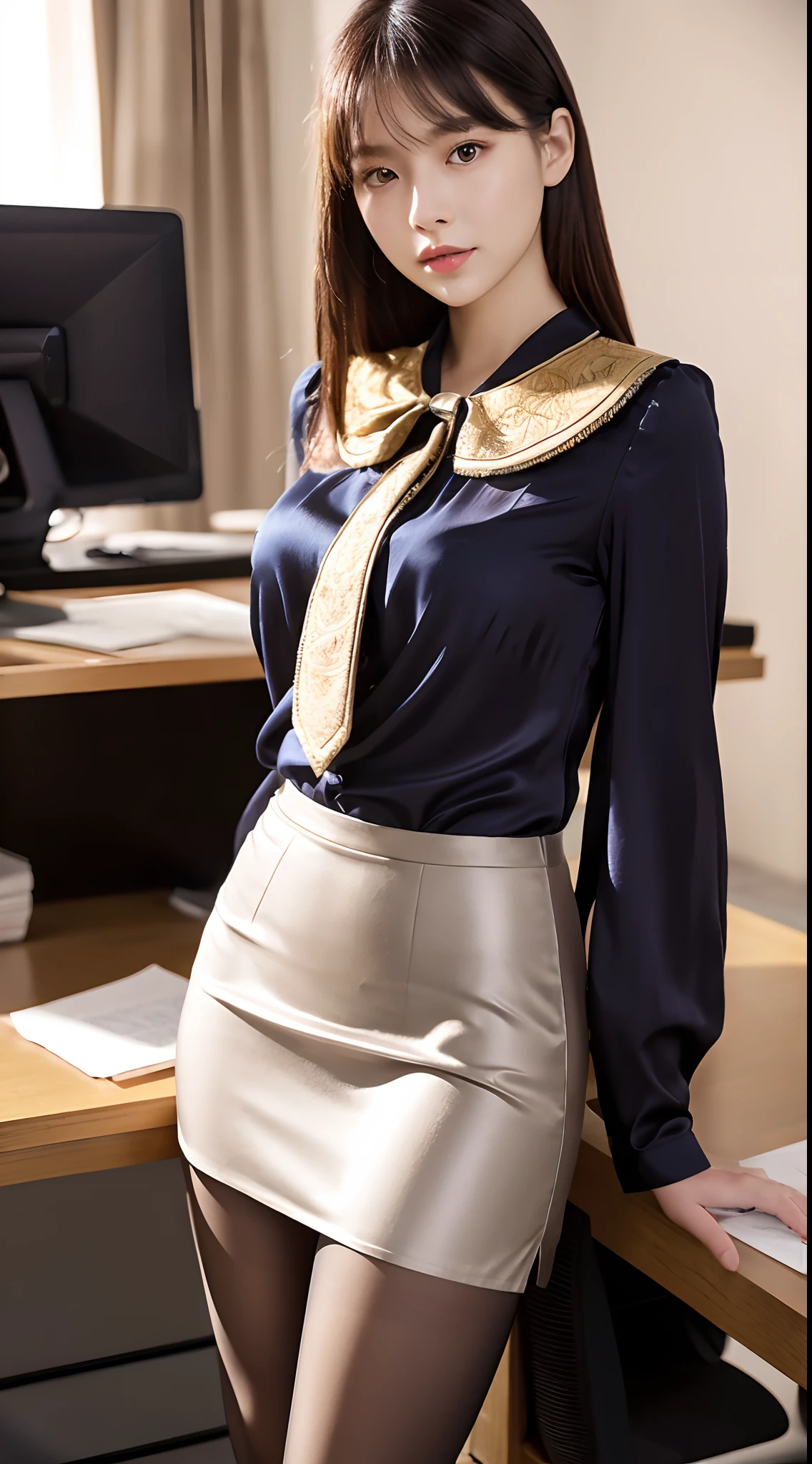 face is :9,1870450717], Classy upper-class elite secretary in luxury silk blouse, Skirt and thighs、27yo、stature　162cm、Walking along the corridor、Office Clothes, (Wearing pantyhose,Realistic Pantyhose)、working in an office、Wearing a strict business suit, Wear high-end high heels、 Blouse girl, Wearing an elegant blouse, Wearing an ultra-thin blouse, businesswoman, Blouses and skirts, Wearing a silk blouse, Wear shirts and skirts, 　　　　　　Raw photo, (8K、top-quality、​masterpiece:1.2)、(intricate detailes:1.4)、(Photorealsitic:1.4)、octane renderings、Complex 3D rendering ultra detail, Studio Soft Light, Rim Lights, vibrant detail, super detailing, realistic skin textures, Detail Face, Beautiful detail eyes, Very detailed CG Unity 16k wallpaper, make - up, (detailedbackground:1.2), Exposed thighs!!!,