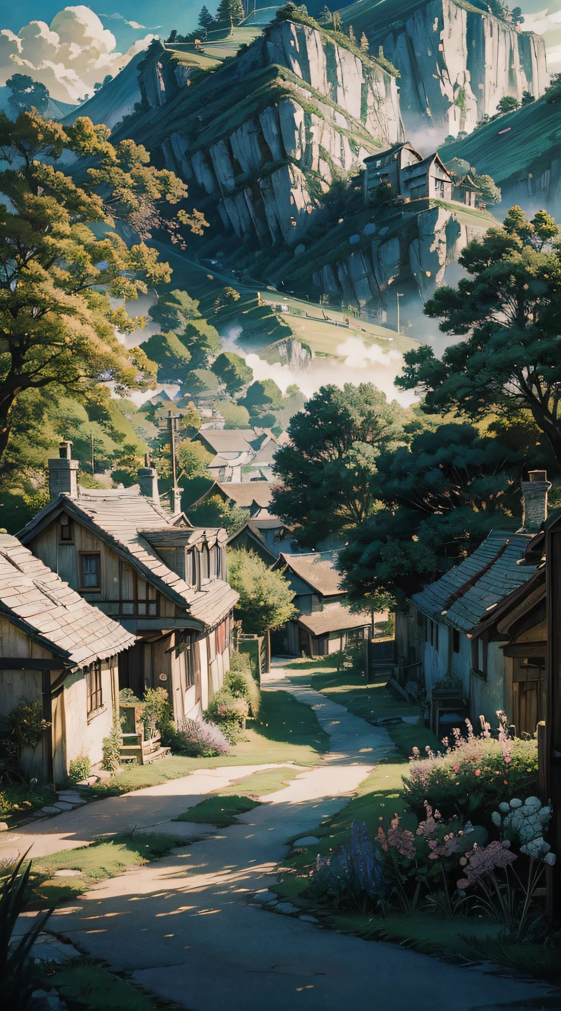 Anime scenery of the village with paths and houses, anime countryside landscape, anime background art, beautiful anime scenery, anime landscape, anime scenery, beautiful anime scene, The nature of anime, anime scenery concept art, Painted in anime painter studio, anime landscape wallpaper, anime beautiful peace scene, Beautiful anime artwork, scenery artwork, anime nature wallpap, made with anime painter studio