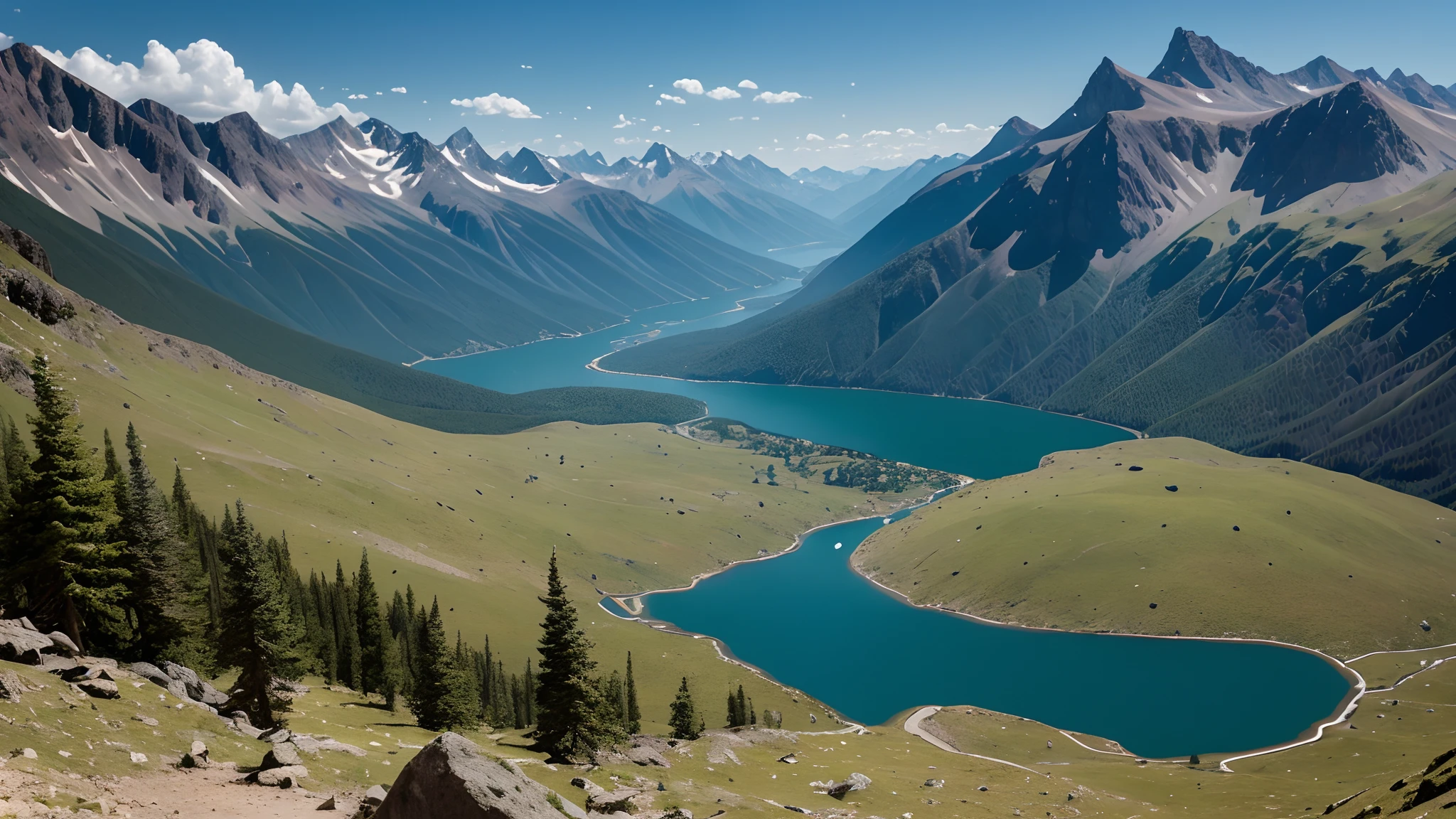 just below is a view from the saddle of a rocky pass across the mountain range. Far below you can see forest surrounds a small circle lake. Streams flow down from the mountains, merging into a narrow mountain river. The river flows through the center of the valley below and through the lake