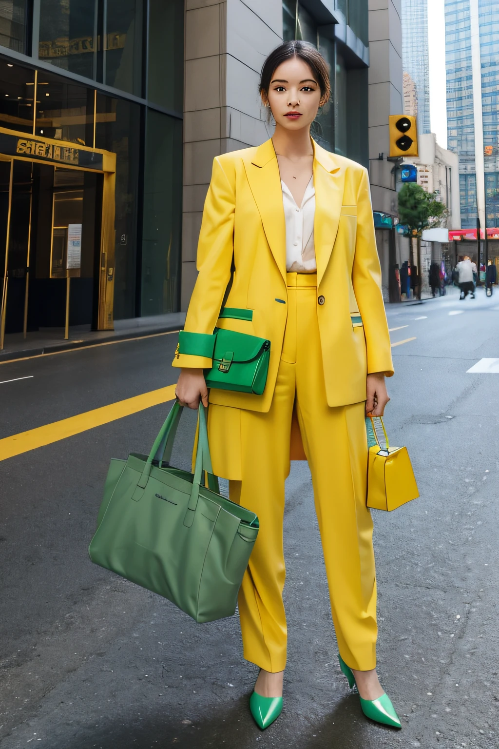 A beauty with three-dimensional facial features，Yellow suit suit，Under the building，Holding a green bag in his hand