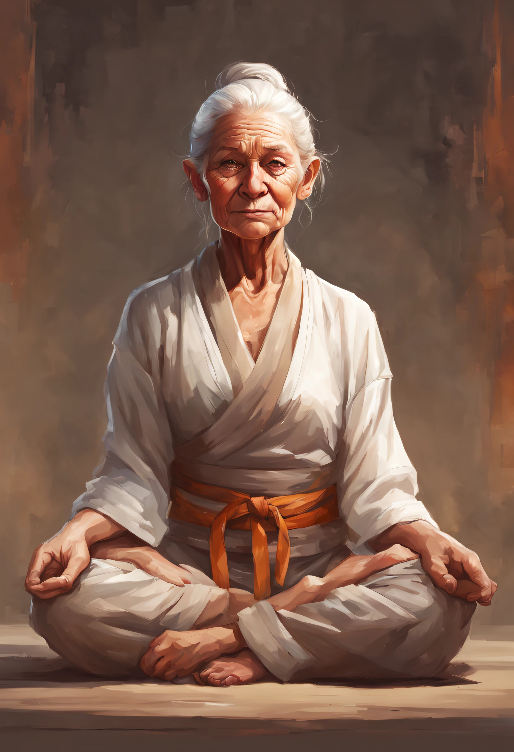 Portrait of full body old woemn yogi, sitting meditation, wrinkly, baby face, boils, warts, yoga uniform, disfigured, art by artgerm and jordan grimmer and greg rutkowski, trending on artstation, illustrated by sophie anderson