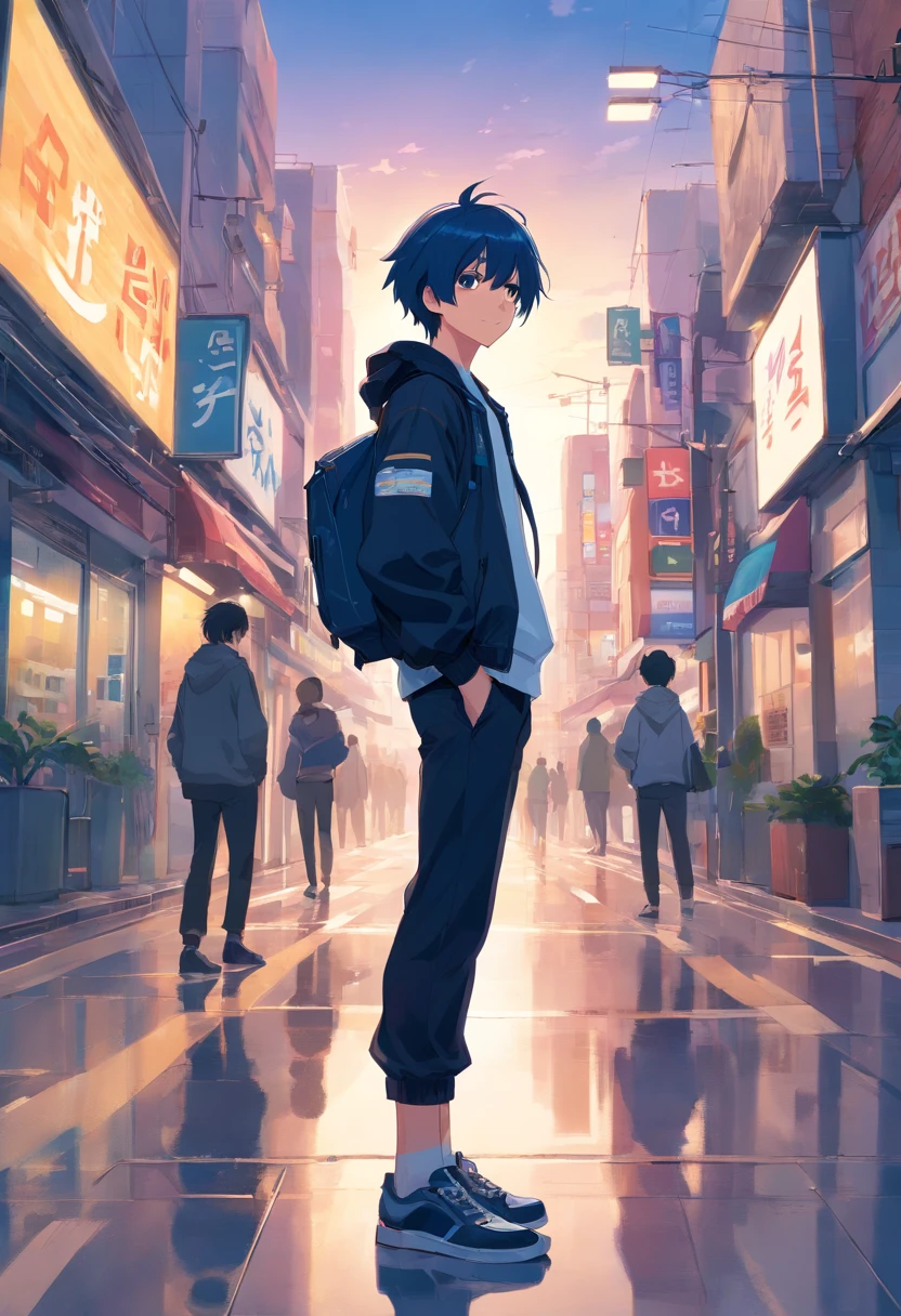 masterpiece、twinks、22year old、Dark blue hair、Black jacket、Black pants、white t-shirts、Give bangs、Sticking out your forehead、twinks、Meticulously written eyes、Standing facing the front、With a nihilistic smile
