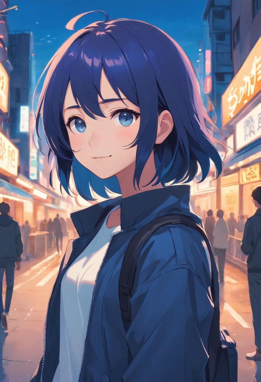 masterpiece、twinks、22year old、Dark blue hair、Black jacket、Black pants、white t-shirts、Give bangs、Sticking out your forehead、twinks、Meticulously written eyes、Standing facing the front、With a nihilistic smile