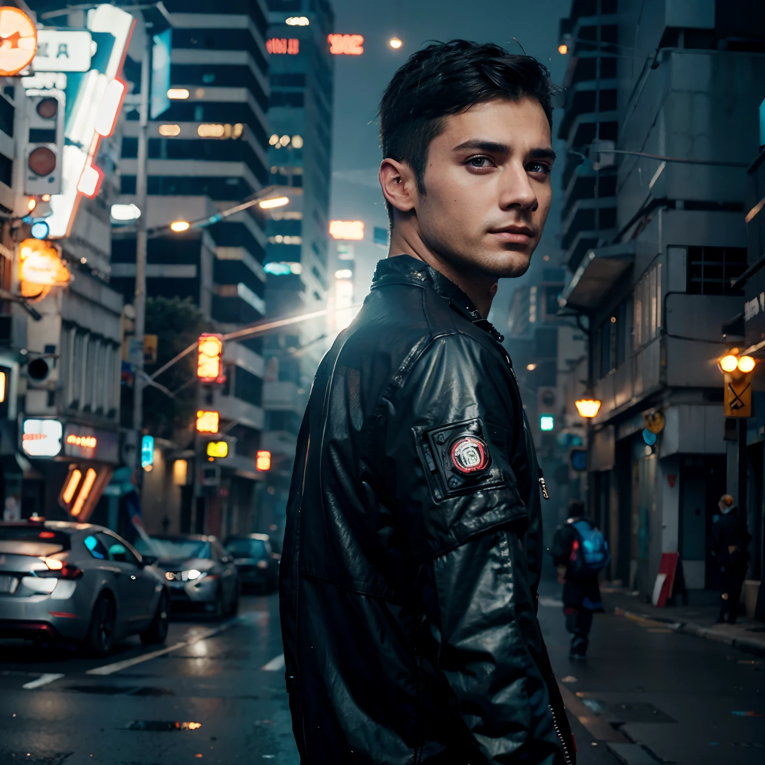 Change background cyberpunk handsome boy, realistic face, 8k, ultra realistic,