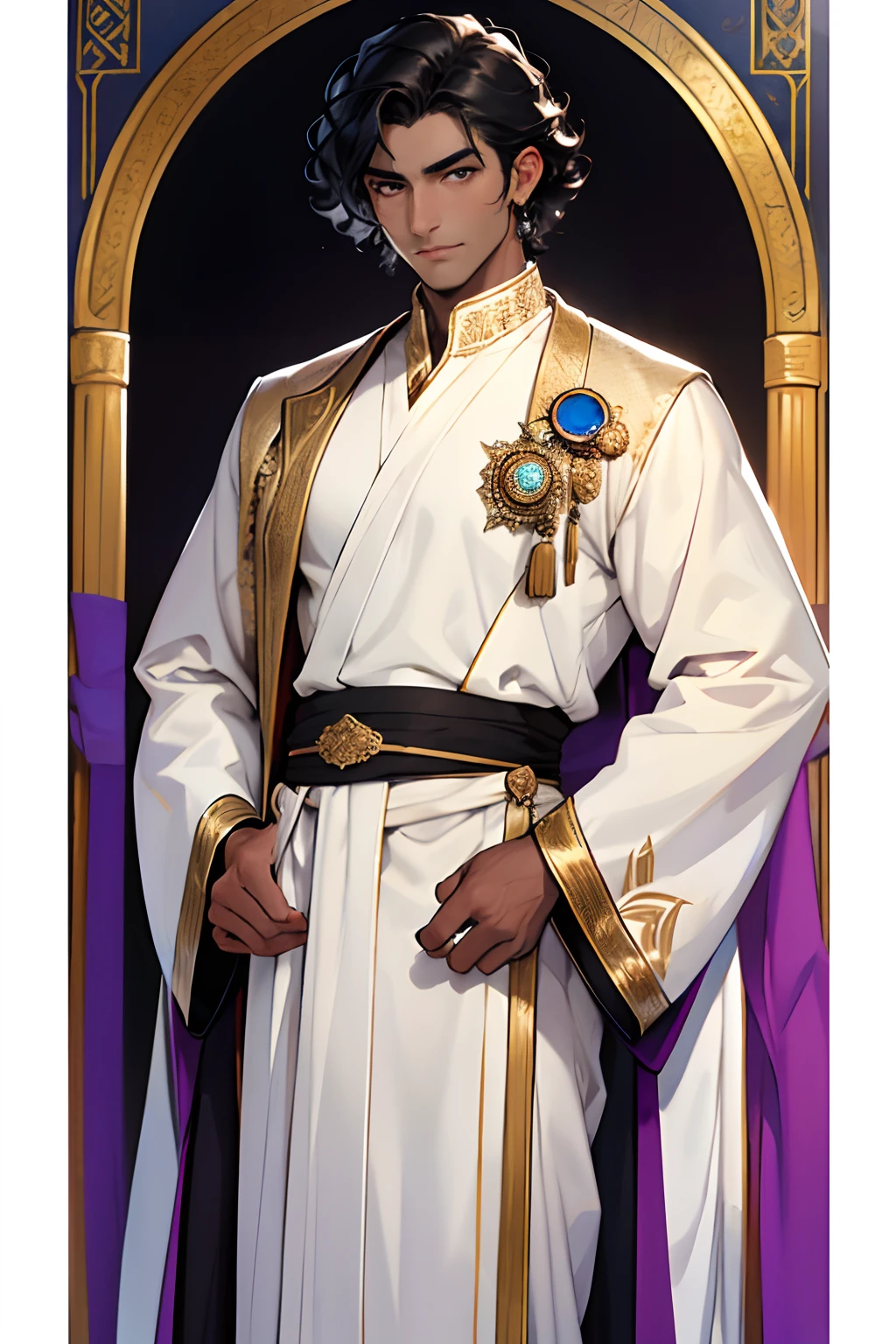 one black hair dark skin arab man, arabian clothes, royalty, warrior outfit, young man, turkish, white and deep purple clothes, short curly hair, gentle expression