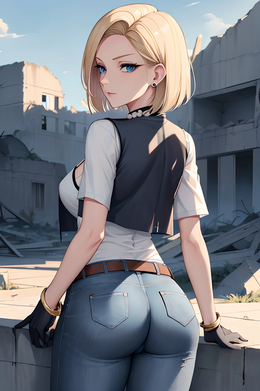 best quality, highres, and18, 1girl, android 18, solo, blue eyes, blonde hair, belt, jeans, pearl_necklace, bracelet, black gloves, white shirt, short hair, short sleeves, earrings, blue pants, open vest, black vest, large breasts, (ruins:1.3), lying, from behind, ass,
