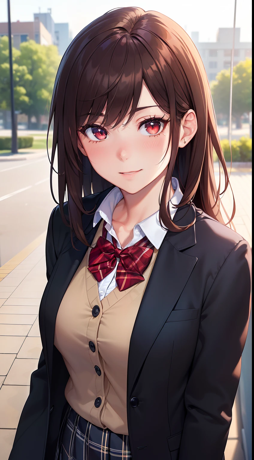 ((masterpiece, best quality, highres, UHD, perfect pixel, depth of field, 4k, RTX, HDR))), 1girl, single, solo, beautiful anime girl, beautiful artstyle, anime character, ((long hair, bangs, brown hair, curly hair:0.8)), ((red eyes:1.4, rounded eyes, beautiful eyelashes, realistic eyes)), ((detailed face, blushing:1.2)), ((smooth texture:0.75, realistic texture:0.65, photorealistic:1.1, anime CG style)), medium breasts, dynamic angle, perfect body, ((portrait, pov)), ((red bowtie, school uniform, black jacket, open jacket, brown cardigan, white shirt, black skirt, plaid skirt)), smile beam, amusement park,grin,white teeth,finger to mouth